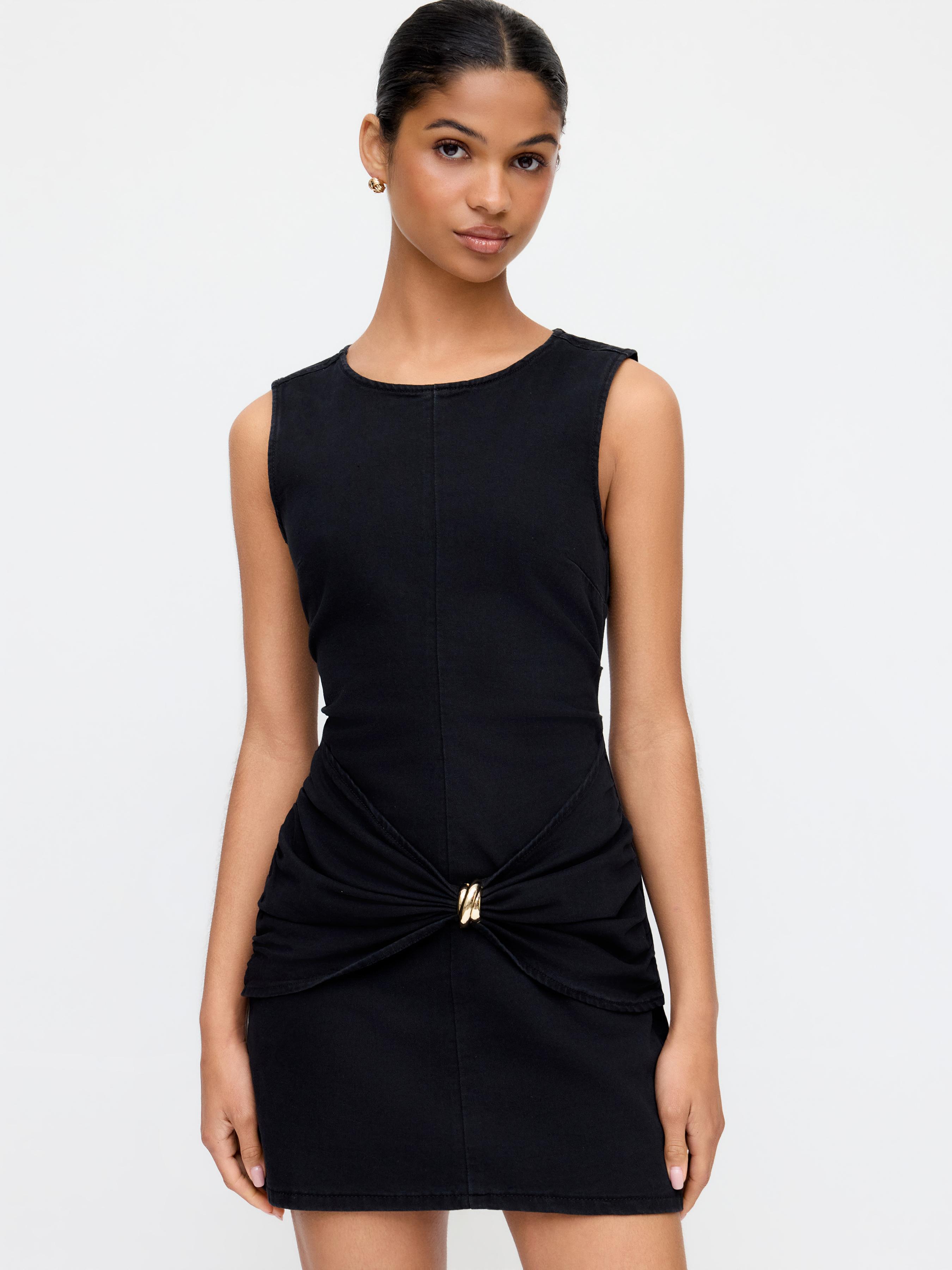Denim Ruched Metal Detail Mini Dress by CIDER