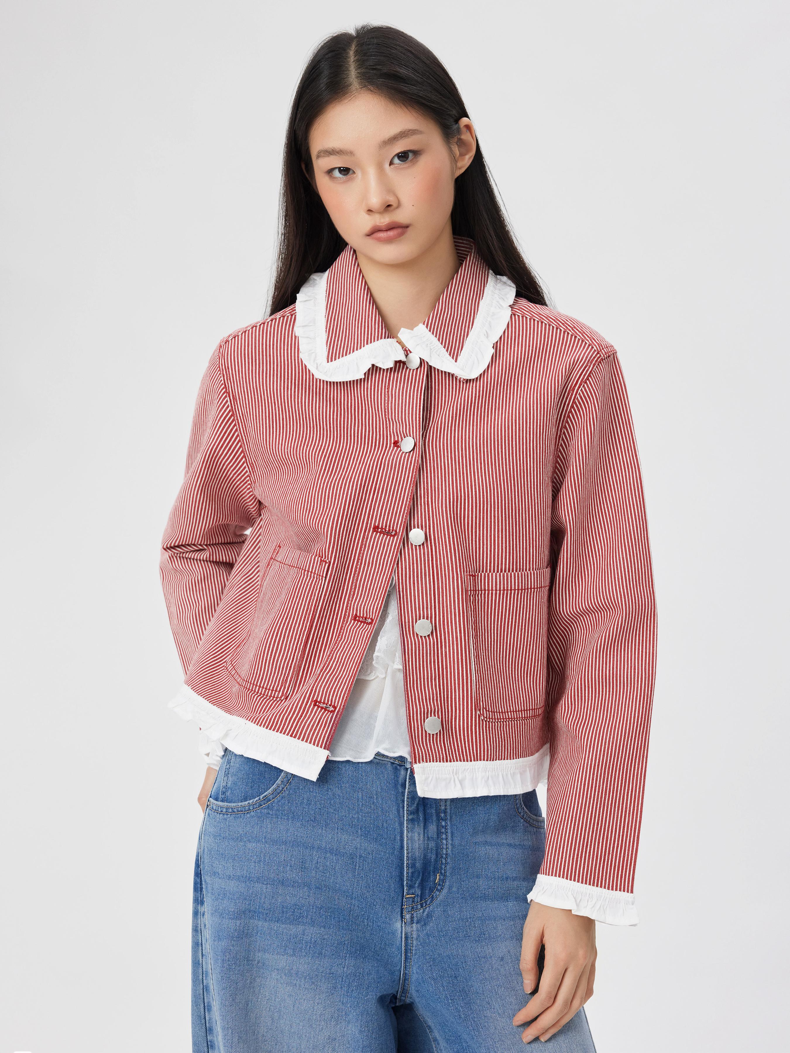 Denim Ruffle Striped Contrasting Binding Collar Jacket by CIDER