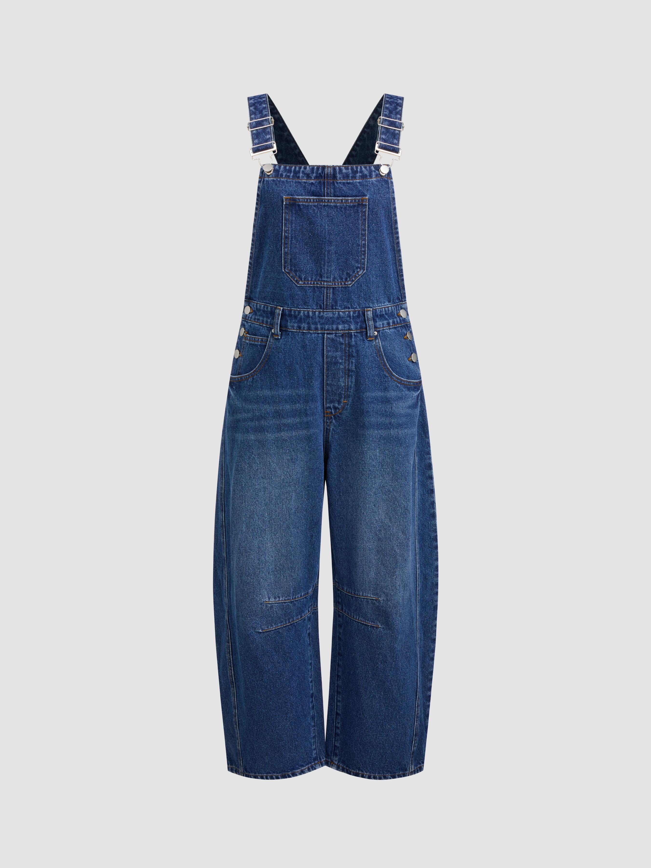 Denim Solid Buckle Pocket Barrel-leg Jumpsuit by CIDER