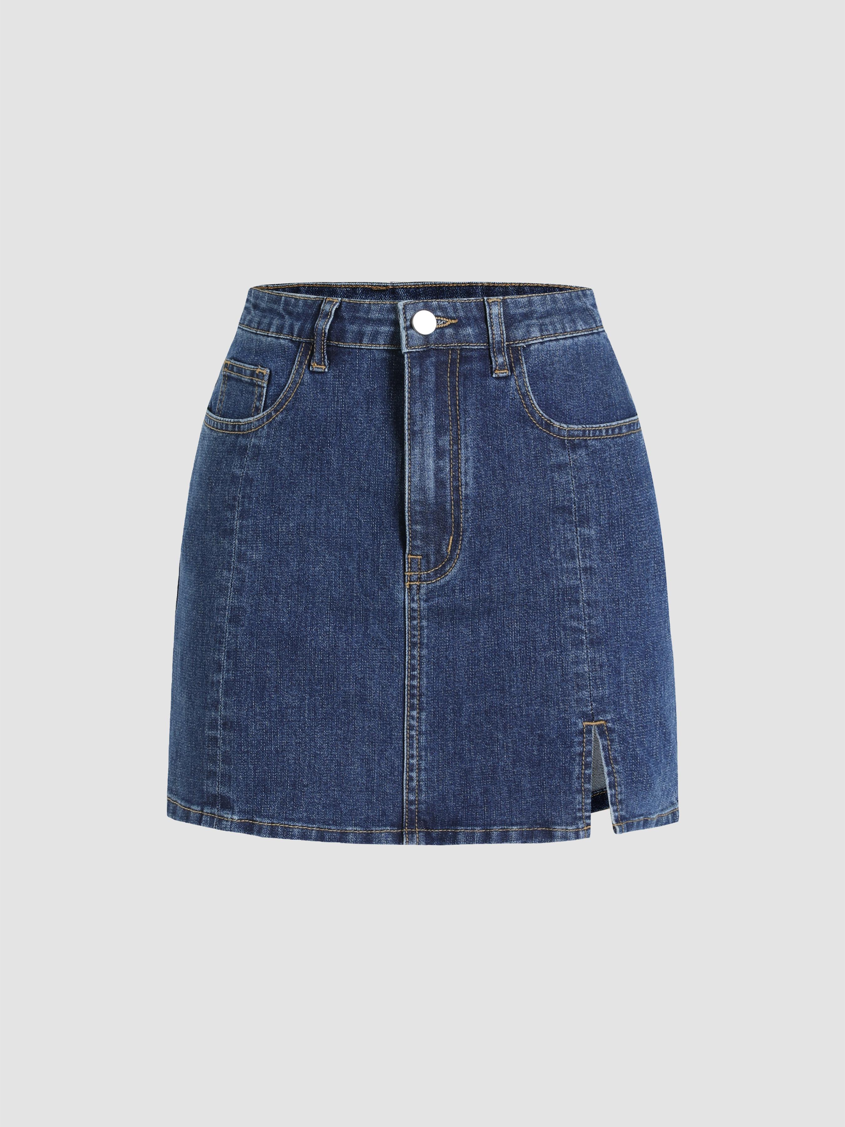 Denim Solid High Waist Split Mini Skirt by CIDER