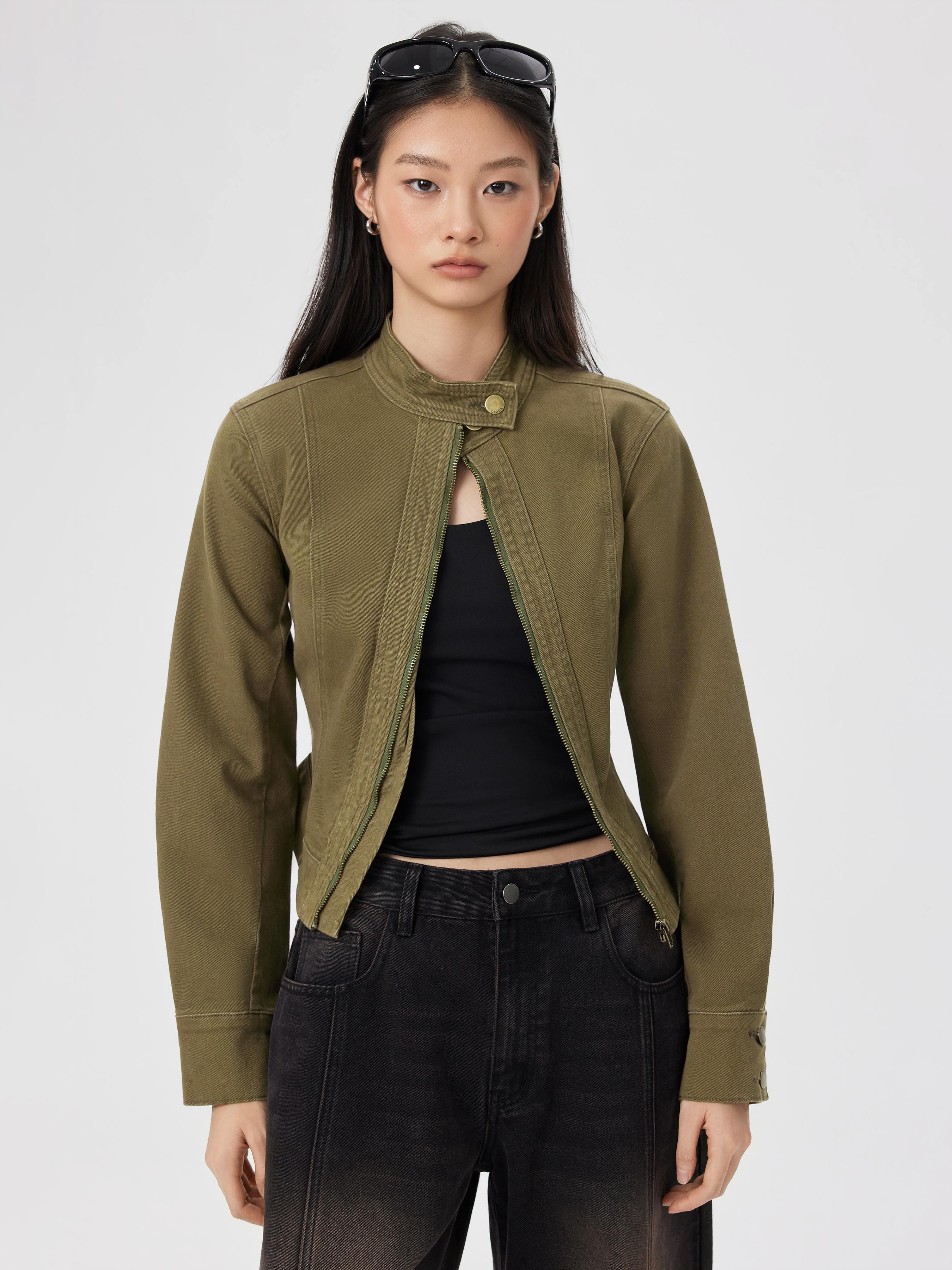 Denim Stand Collar Jacket With Lace up by CIDER