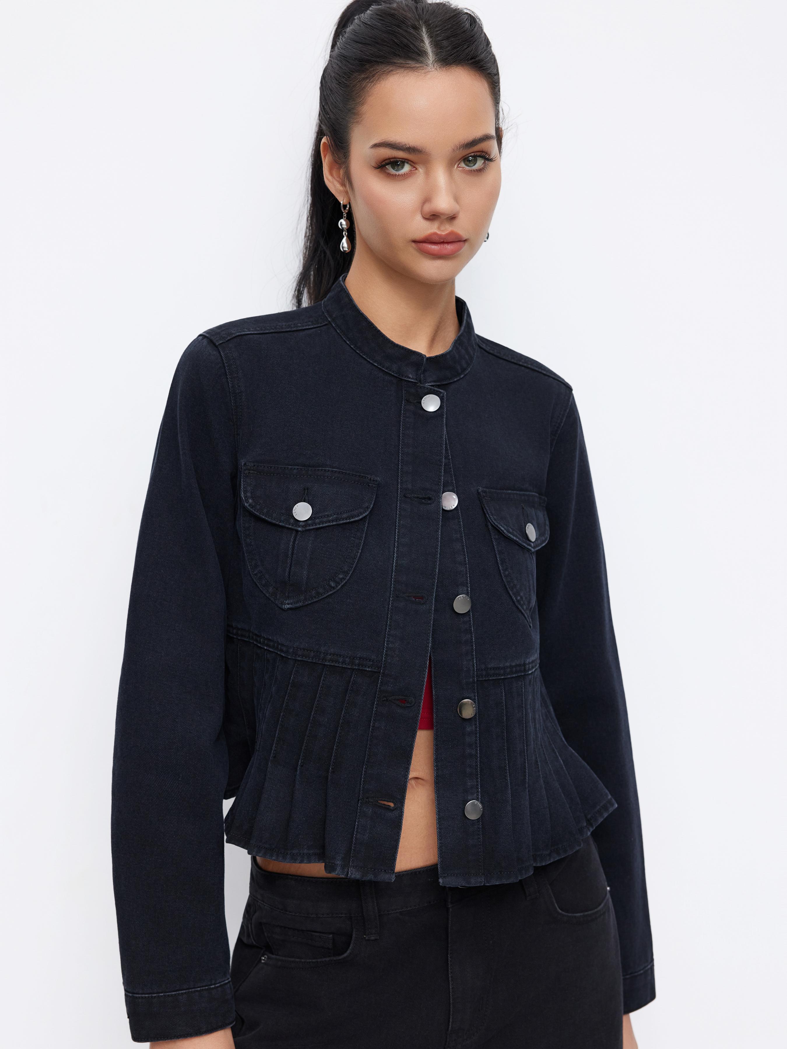 Denim Stand Collar Long Sleeve Pleated Ruffle Hem Button Jacket by CIDER Denim Stand Collar Long Sleeve Pleated Ruffle Hem Button Jacket by CIDER