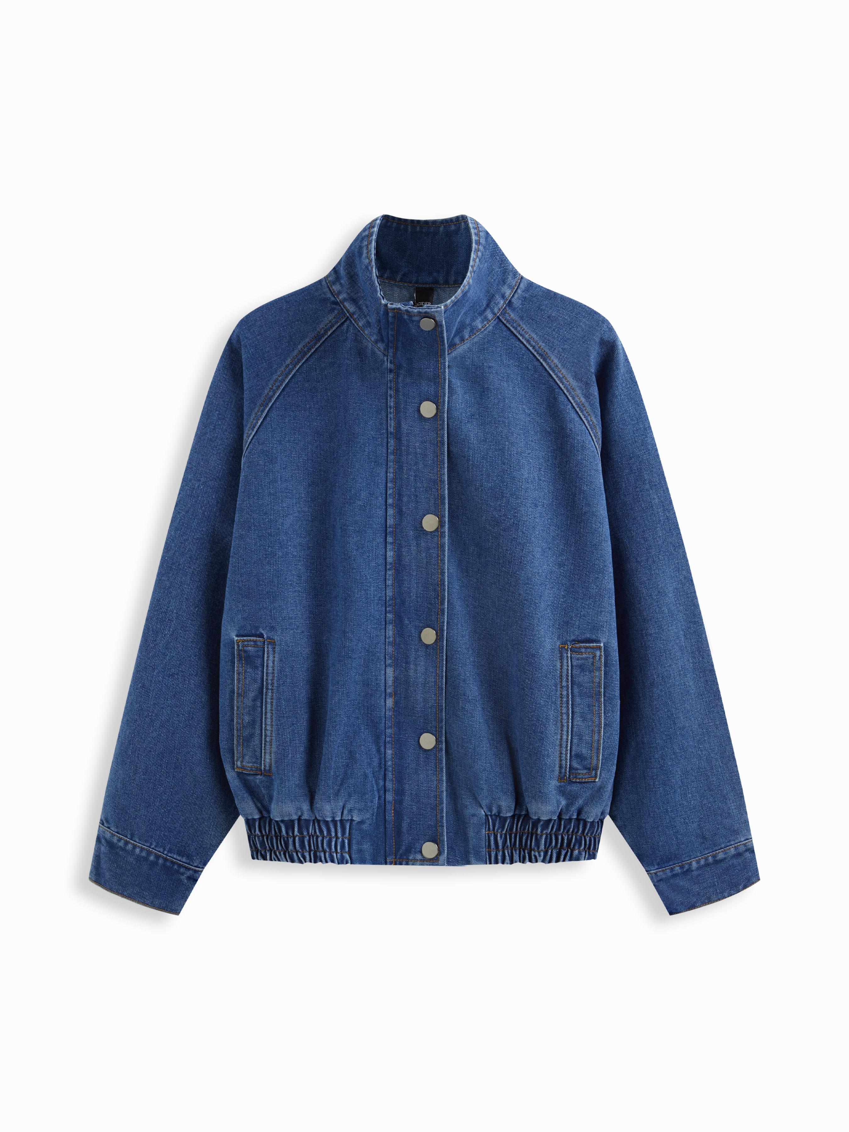 Denim Stand Collar Long Sleeve Zip Through Button Oversized Jacket by CIDER