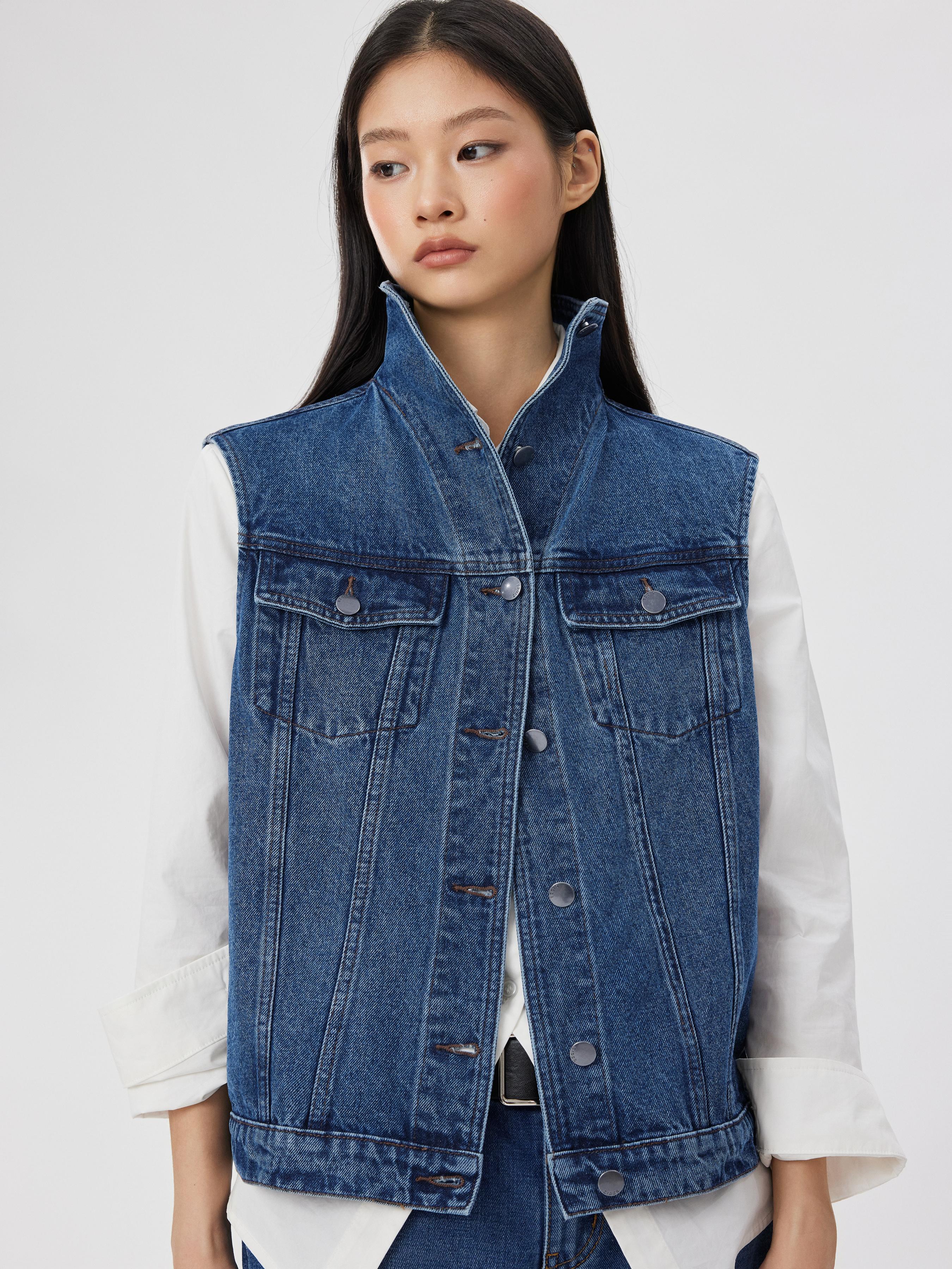 Denim Stand Collar Oversized Vest by CIDER