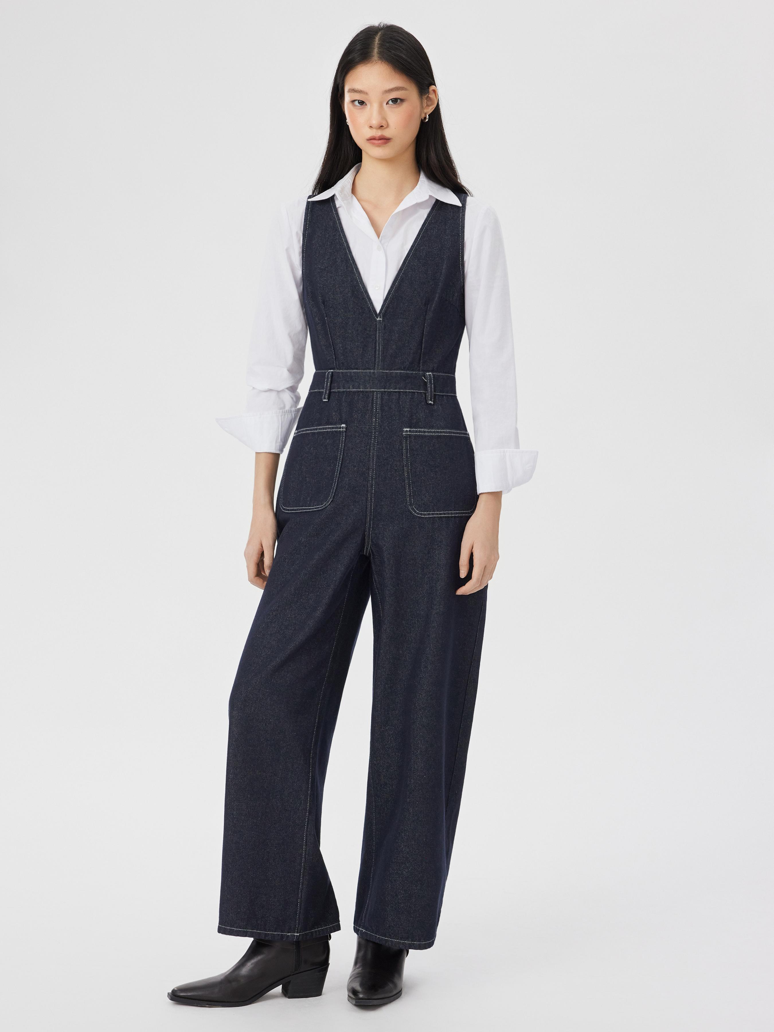 Denim V-Neck Wide Leg Jumpsuit by CIDER
