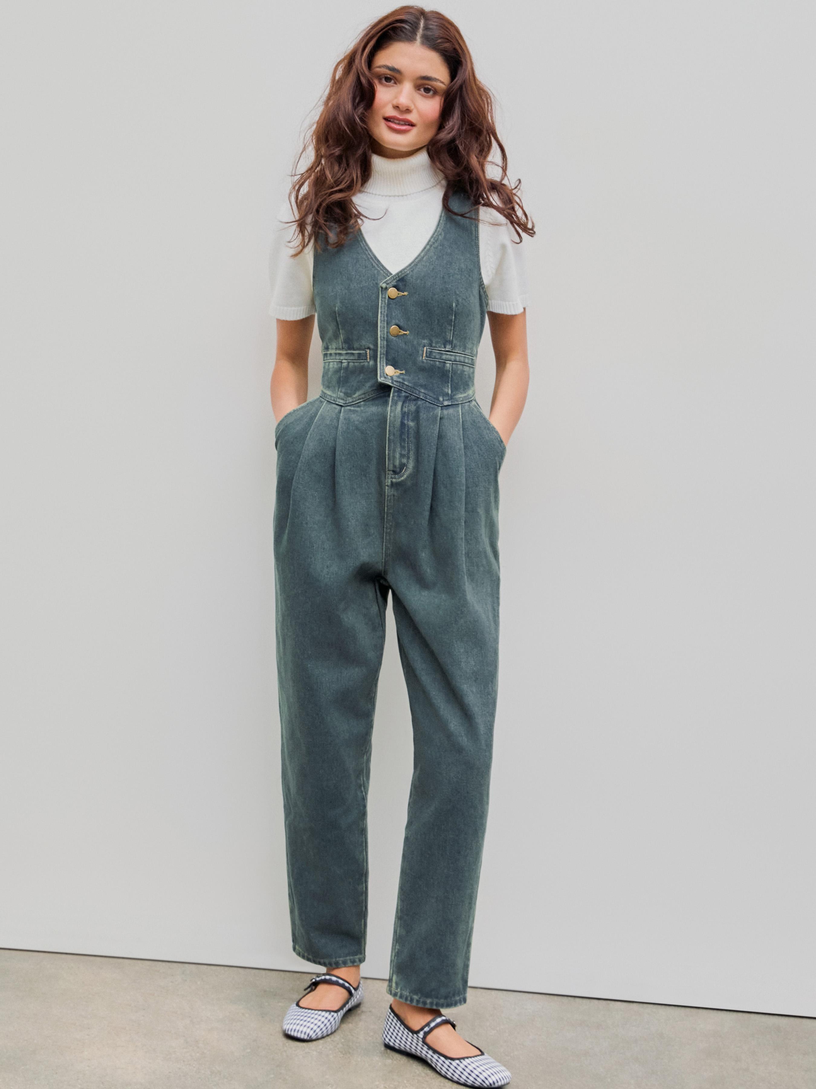 Denim V-neck Belted Straight Leg Jumpsuit by CIDER Denim V-neck Belted Straight Leg Jumpsuit by CIDER