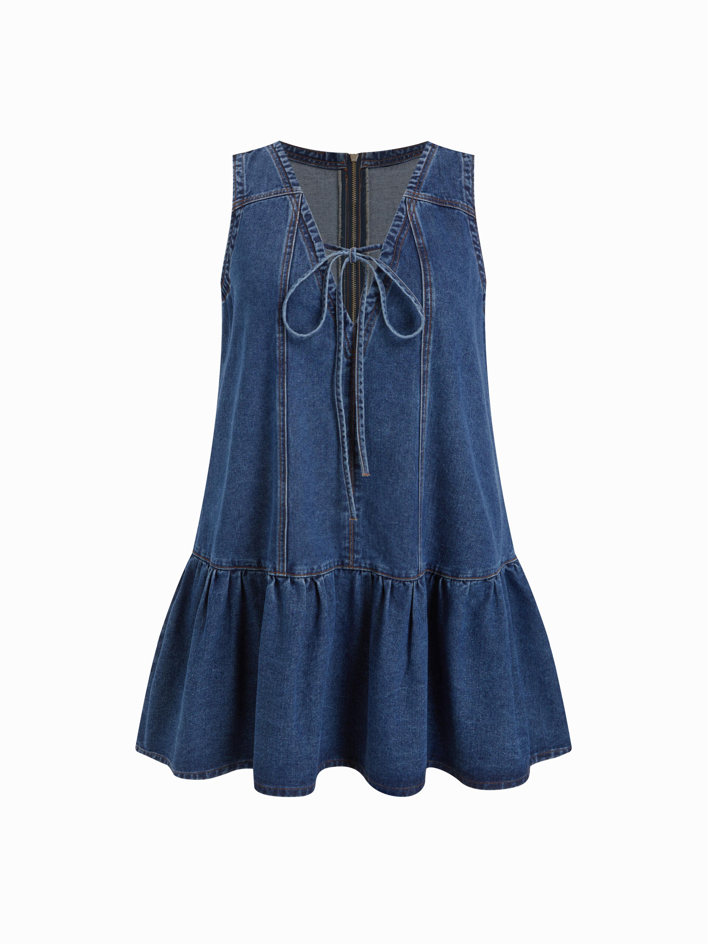 Denim V-neck Knotted A-line Mini Dress Curve & Plus by CIDER