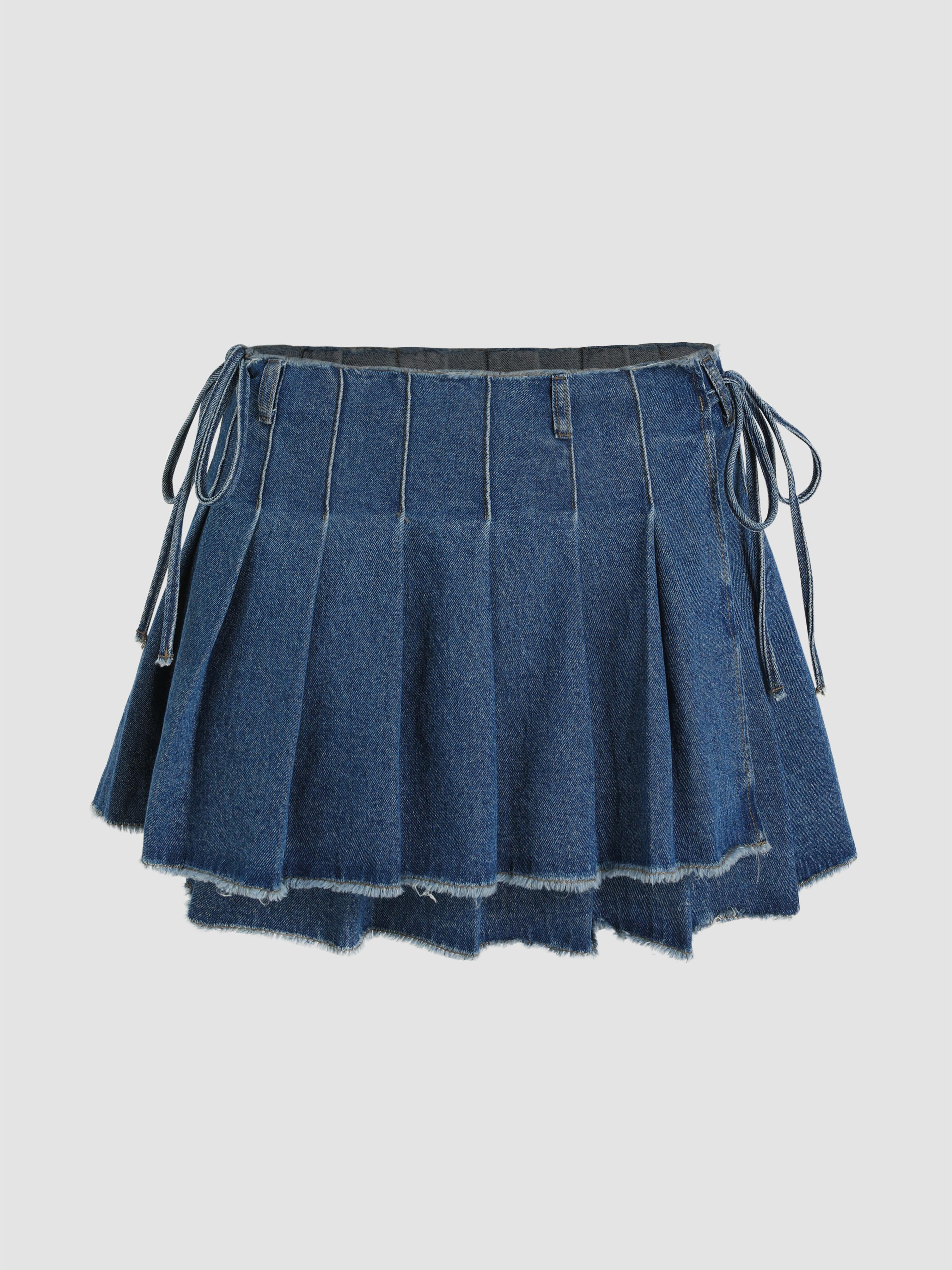 Denim Washed Raw Hem Pleated Knotted Mini Skirt by CIDER Denim Washed Raw Hem Pleated Knotted Mini Skirt by CIDER