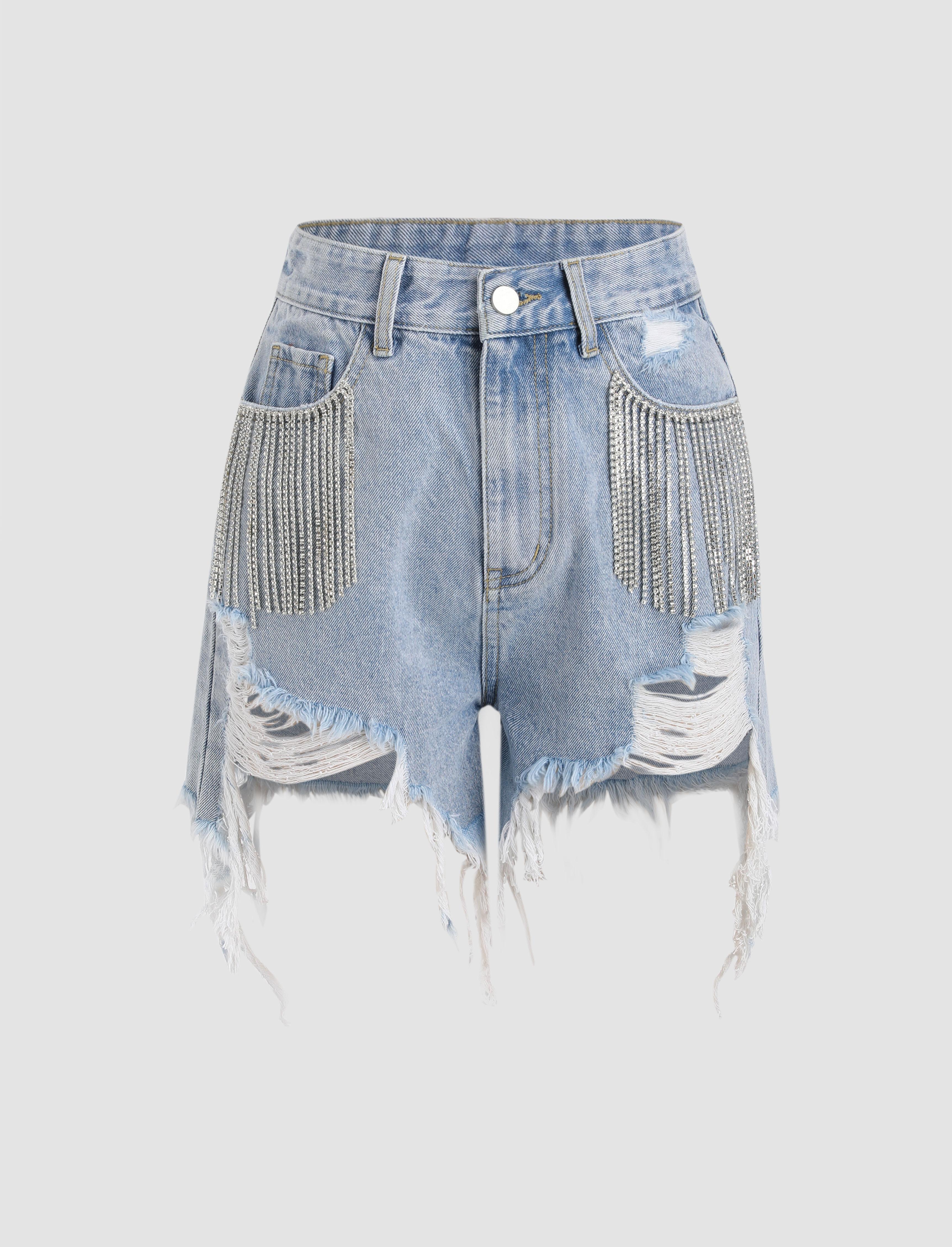 Diamond Tassels Ripped Denim Shorts by CIDER