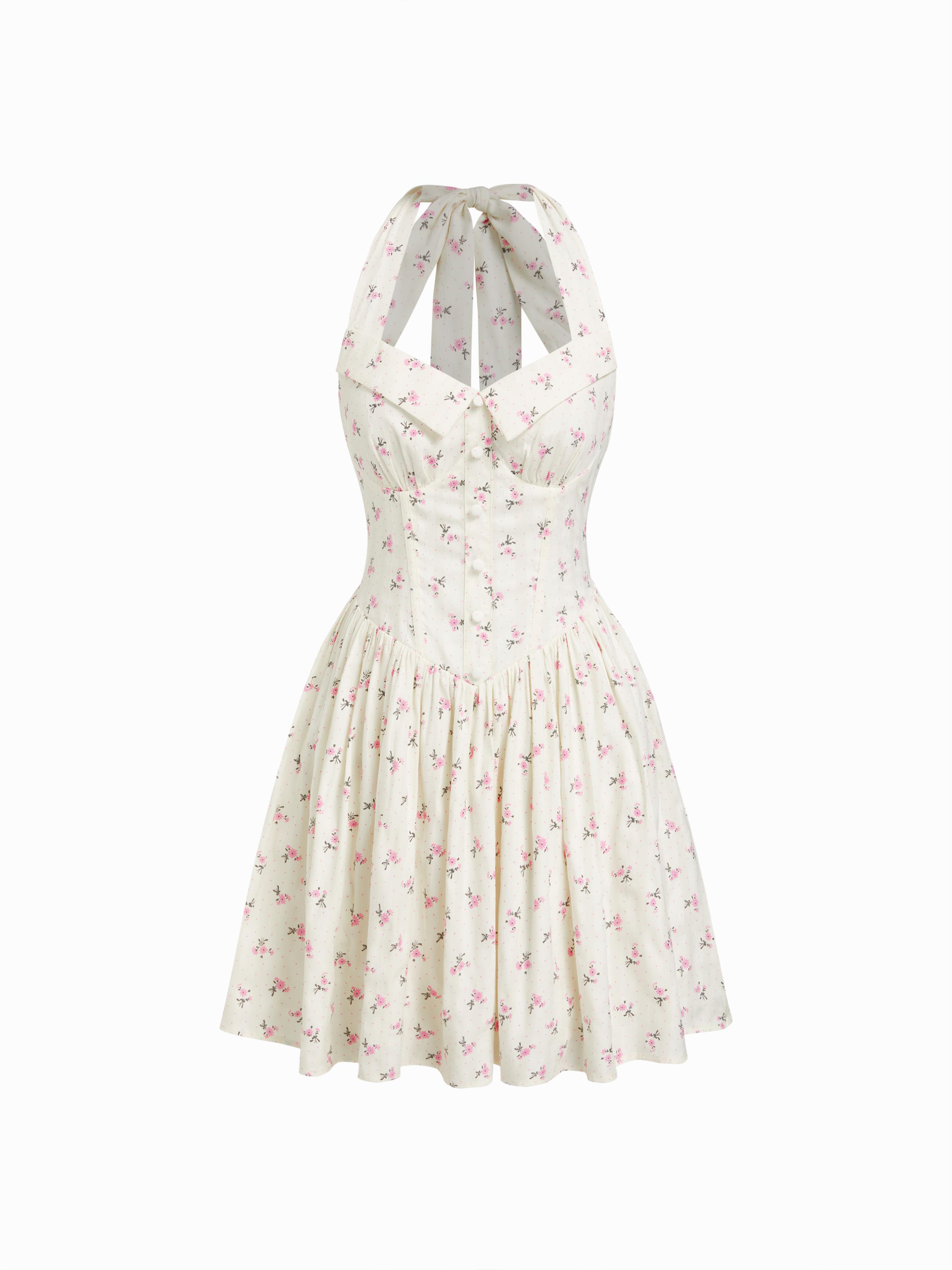 Ditsy Floral Halter Neckline Ruffled A-line Mini Dress by CIDER