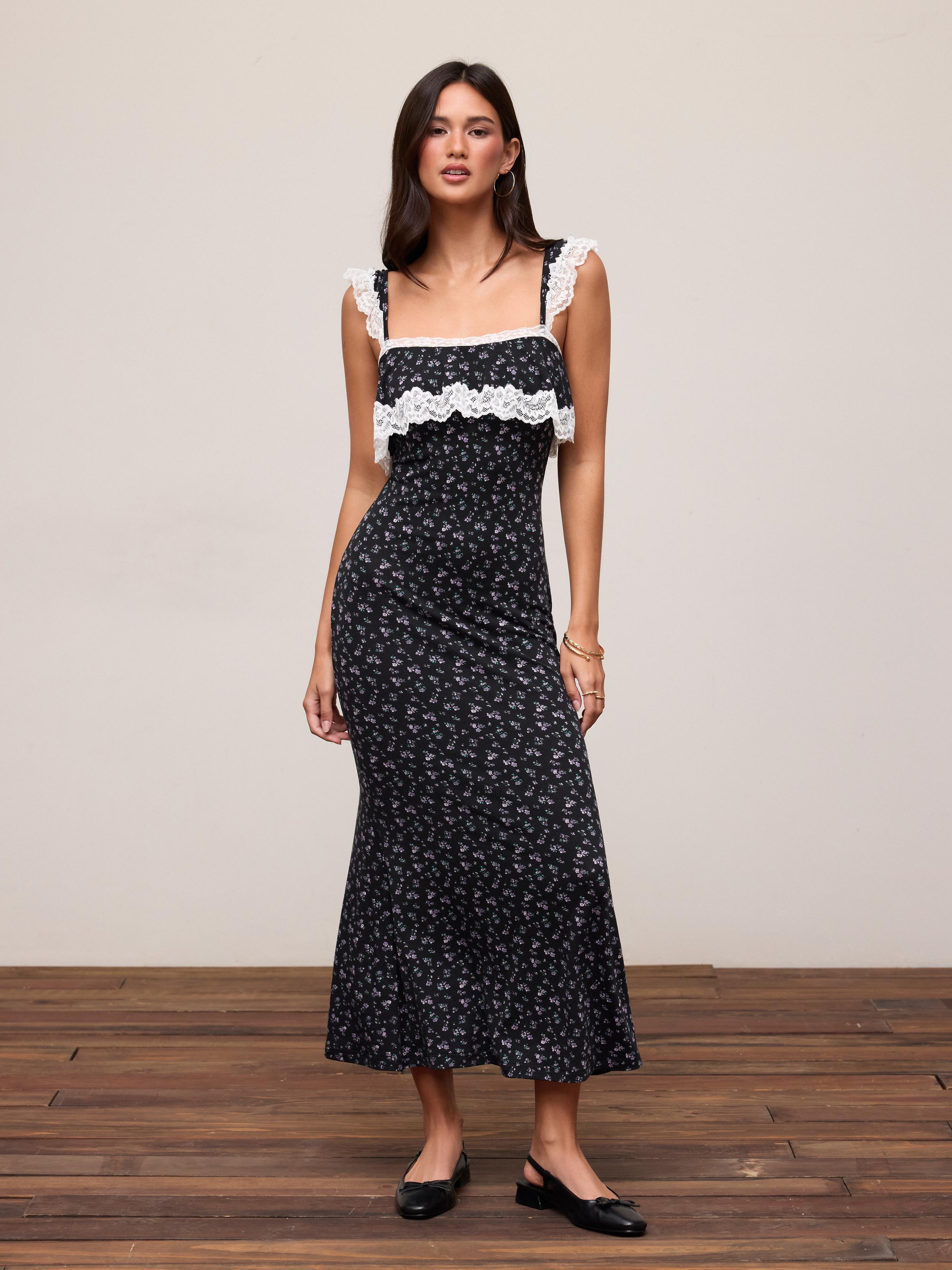 Ditsy Floral Lace Panel Ruffled Sleeve Mermaid Maxi Dress by CIDER