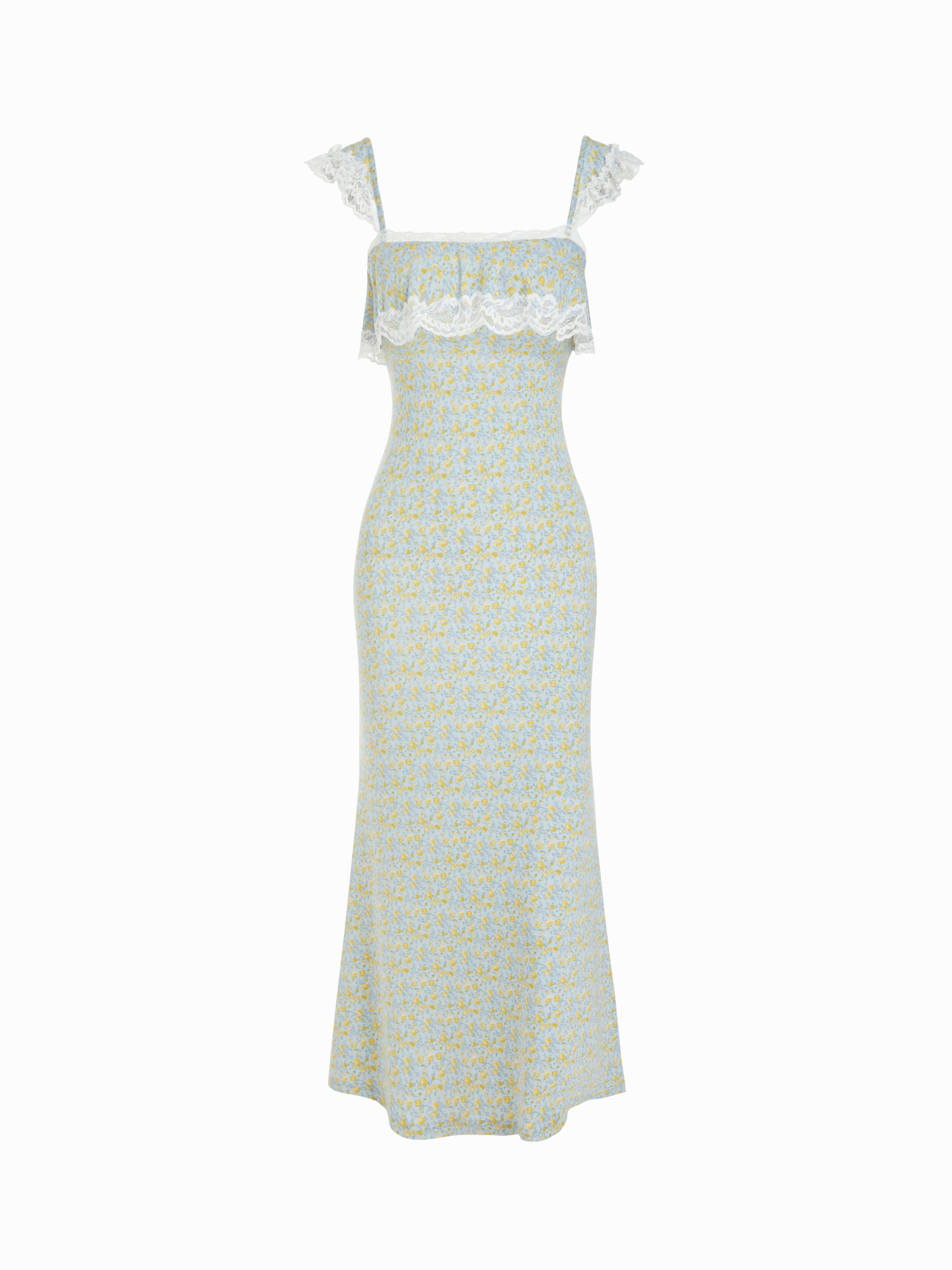 Ditsy Floral Lace Panel Ruffled Sleeve Mermaid Maxi Dress by CIDER