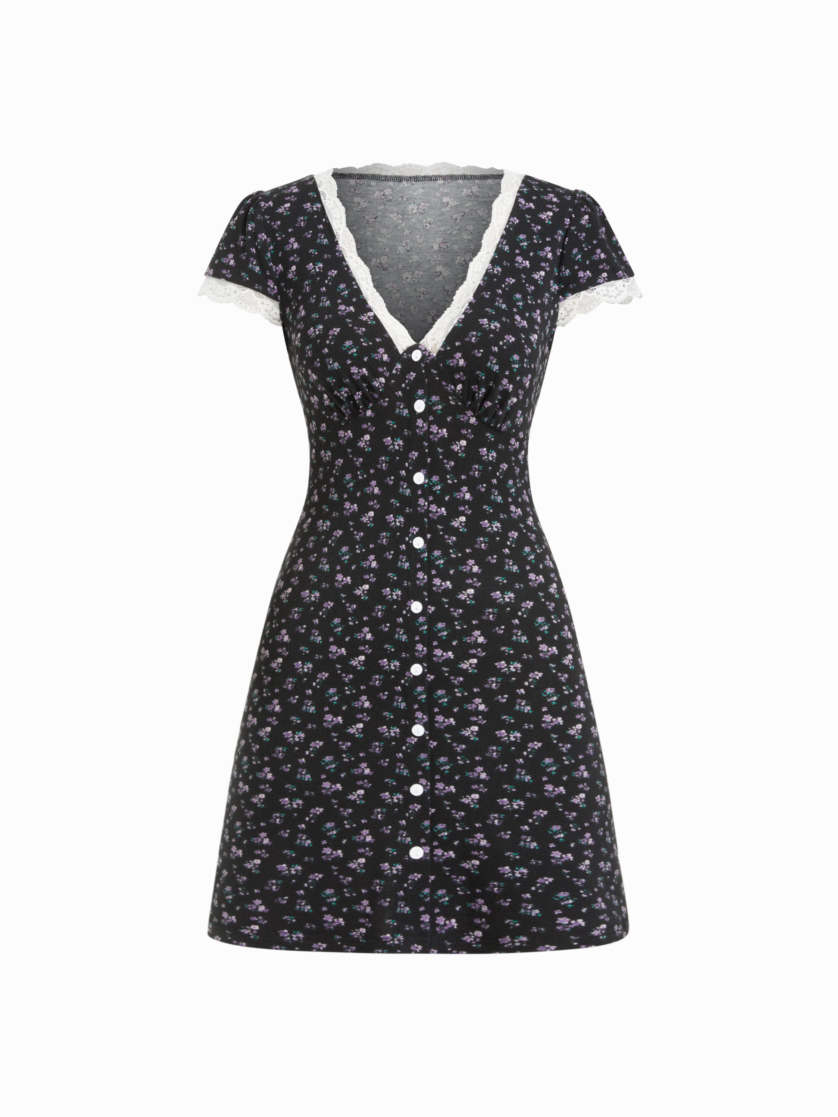 Ditsy Floral V-neck Lace Trim High Rise A-line Mini Dress by CIDER