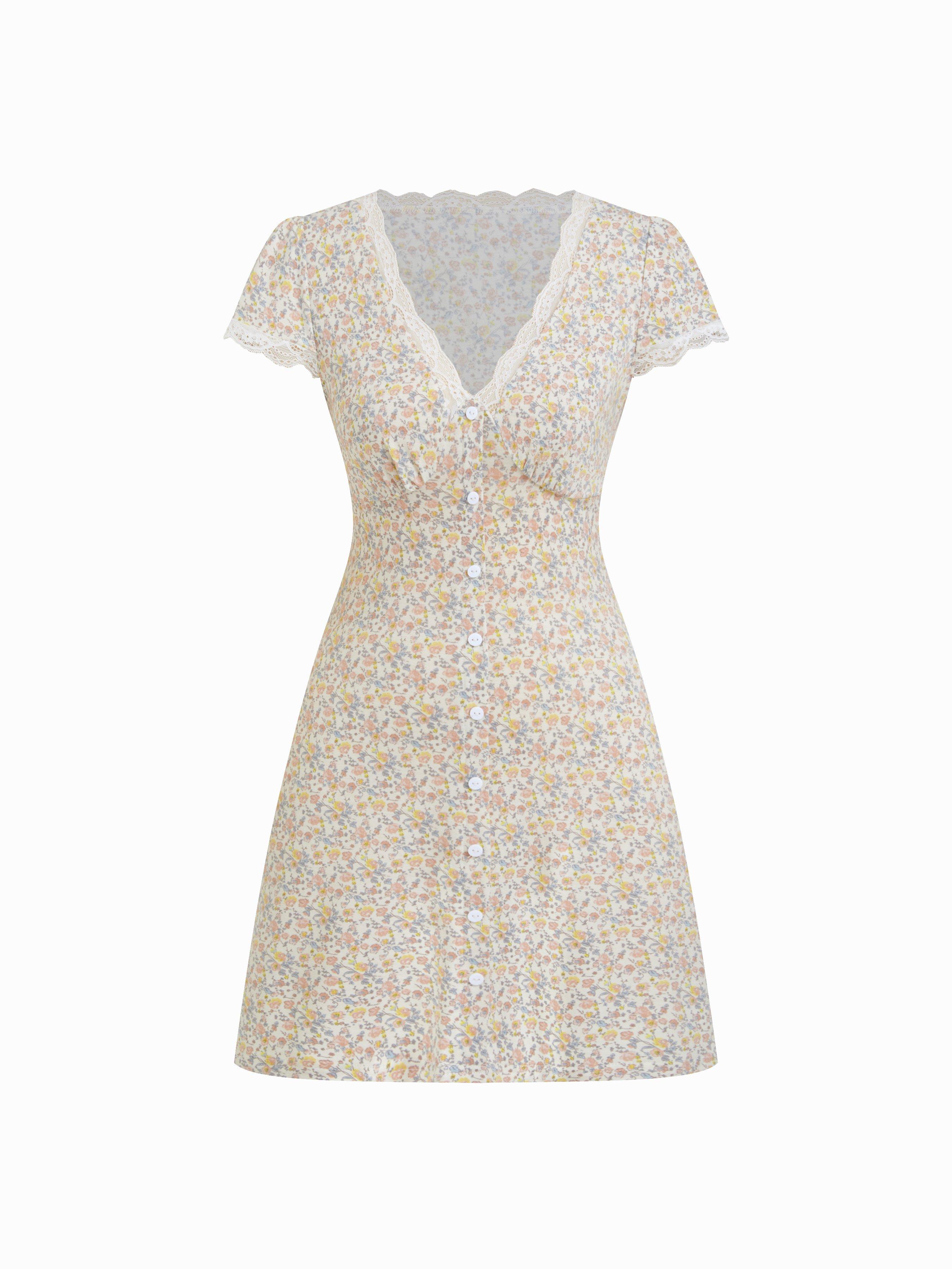 Ditsy Floral V-neck Lace Trim High Rise A-line Mini Dress by CIDER