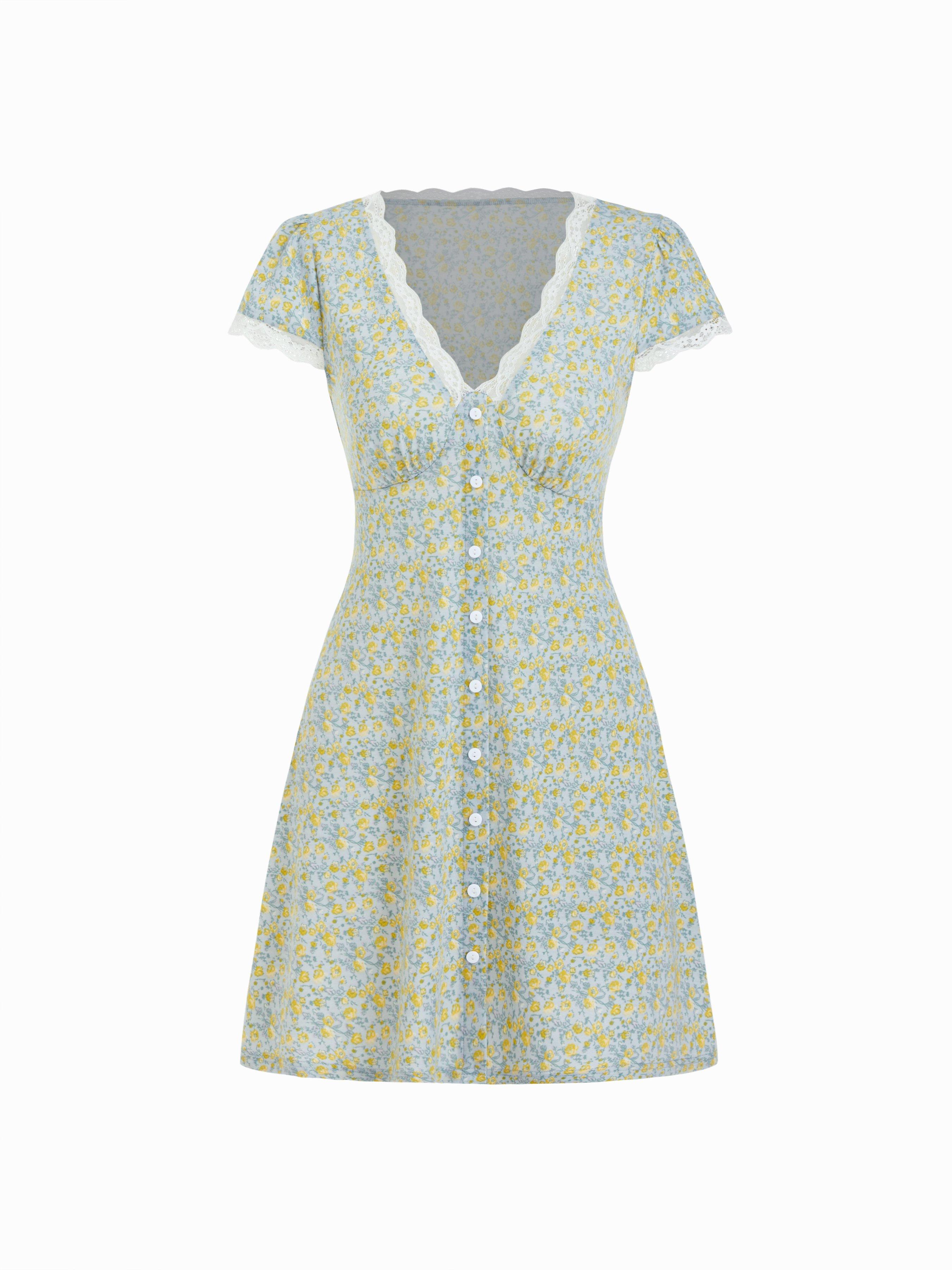 Ditsy Floral V-neck Lace Trim High Rise A-line Mini Dress by CIDER