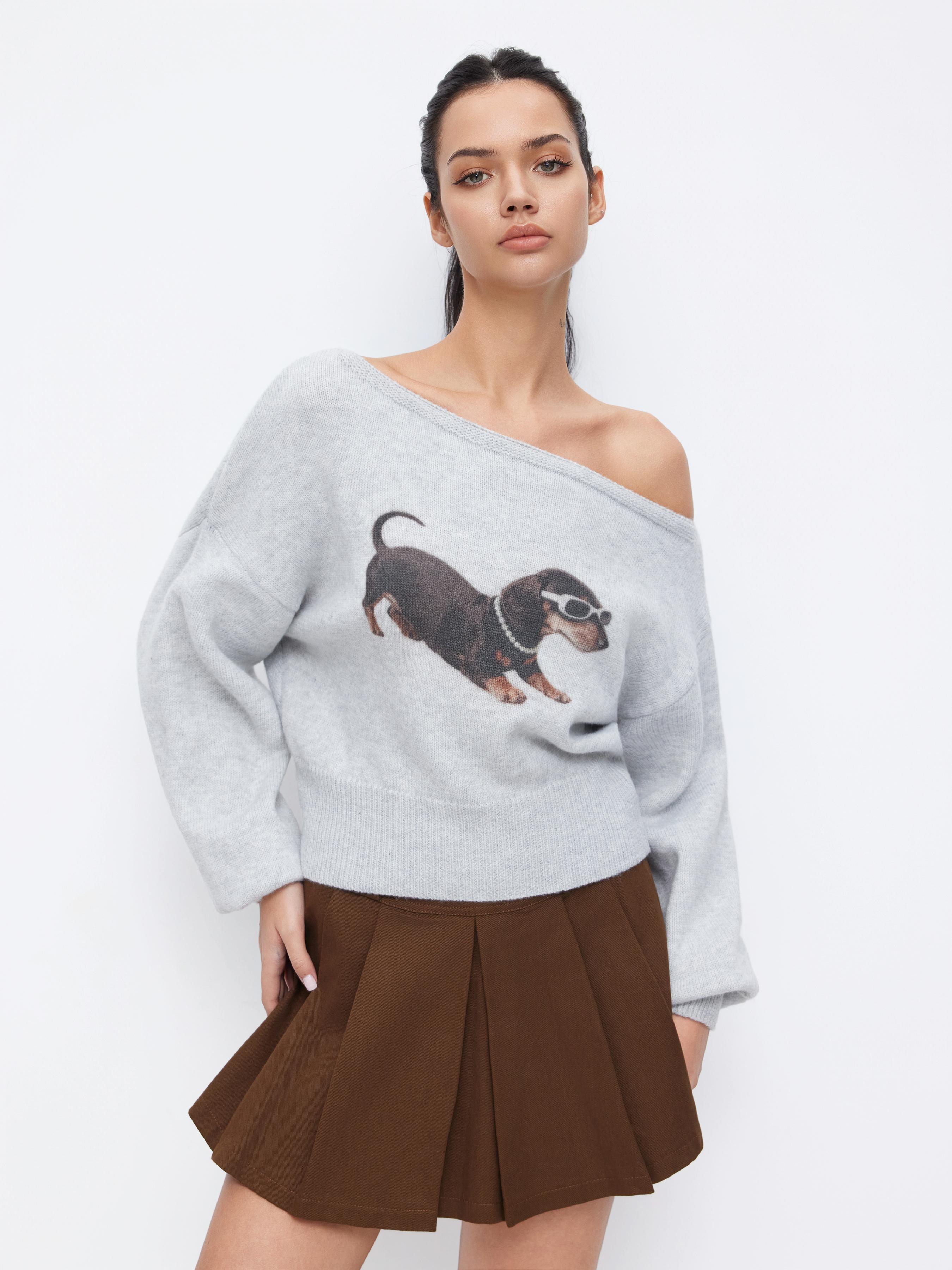 Dog Graphic Knit Asymmetrical Neck Long Sleeve Top by CIDER