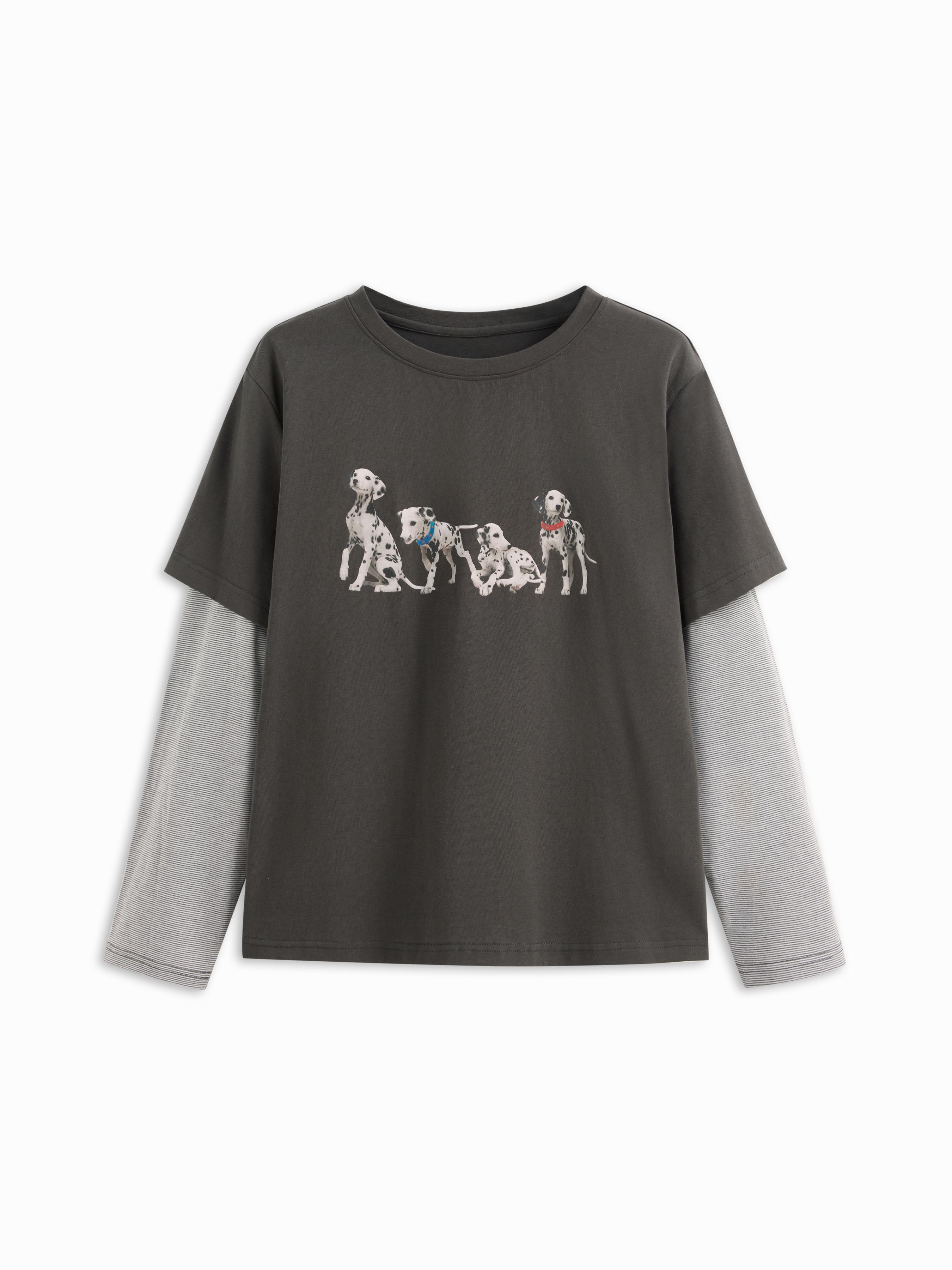 Dog Graphic Striped Long Sleeve Two Tone Oversized Tee Curve & Plus by CIDER