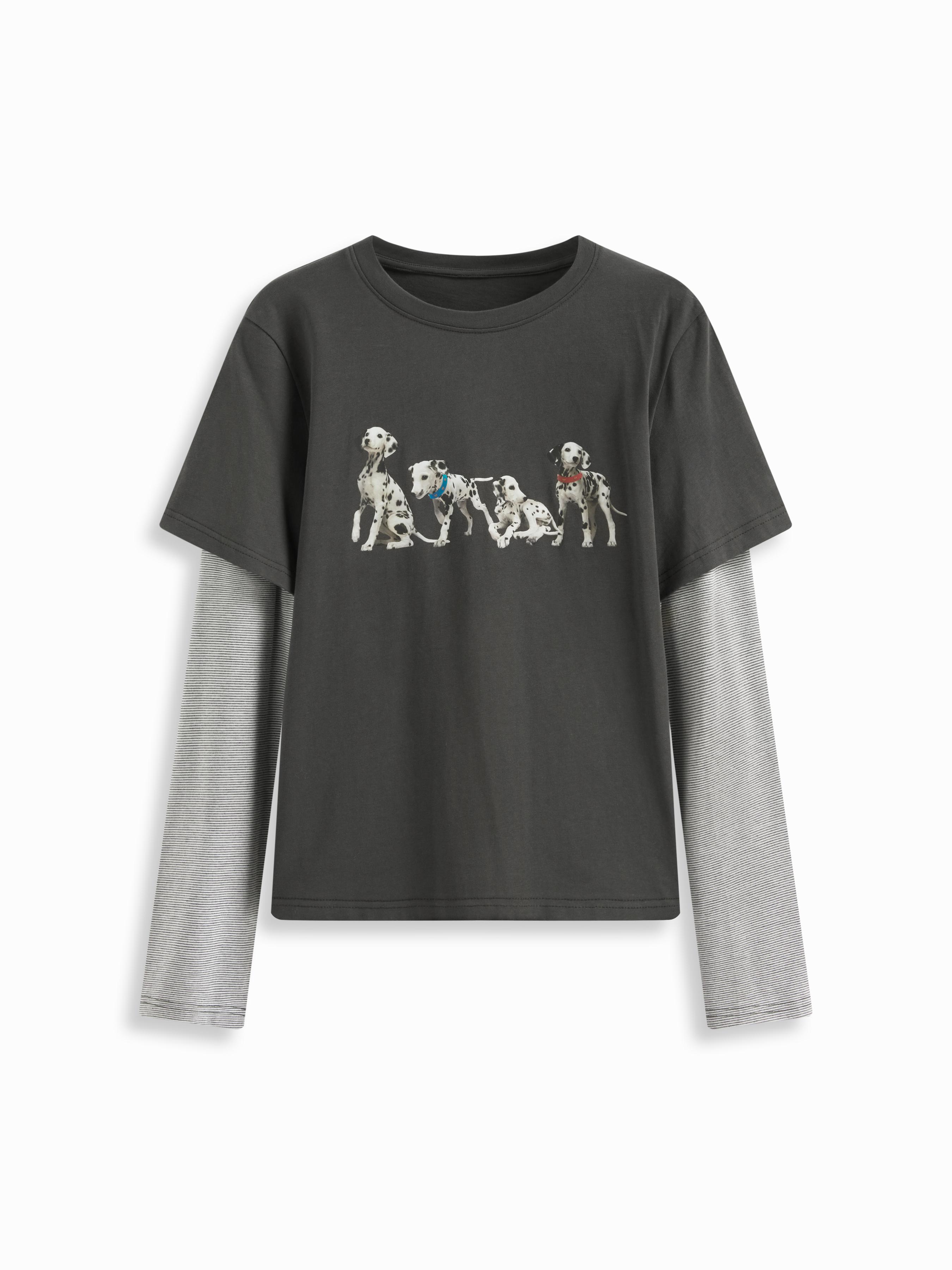 Dog Graphic Striped Long Sleeve Two Tone Oversized Tee by CIDER