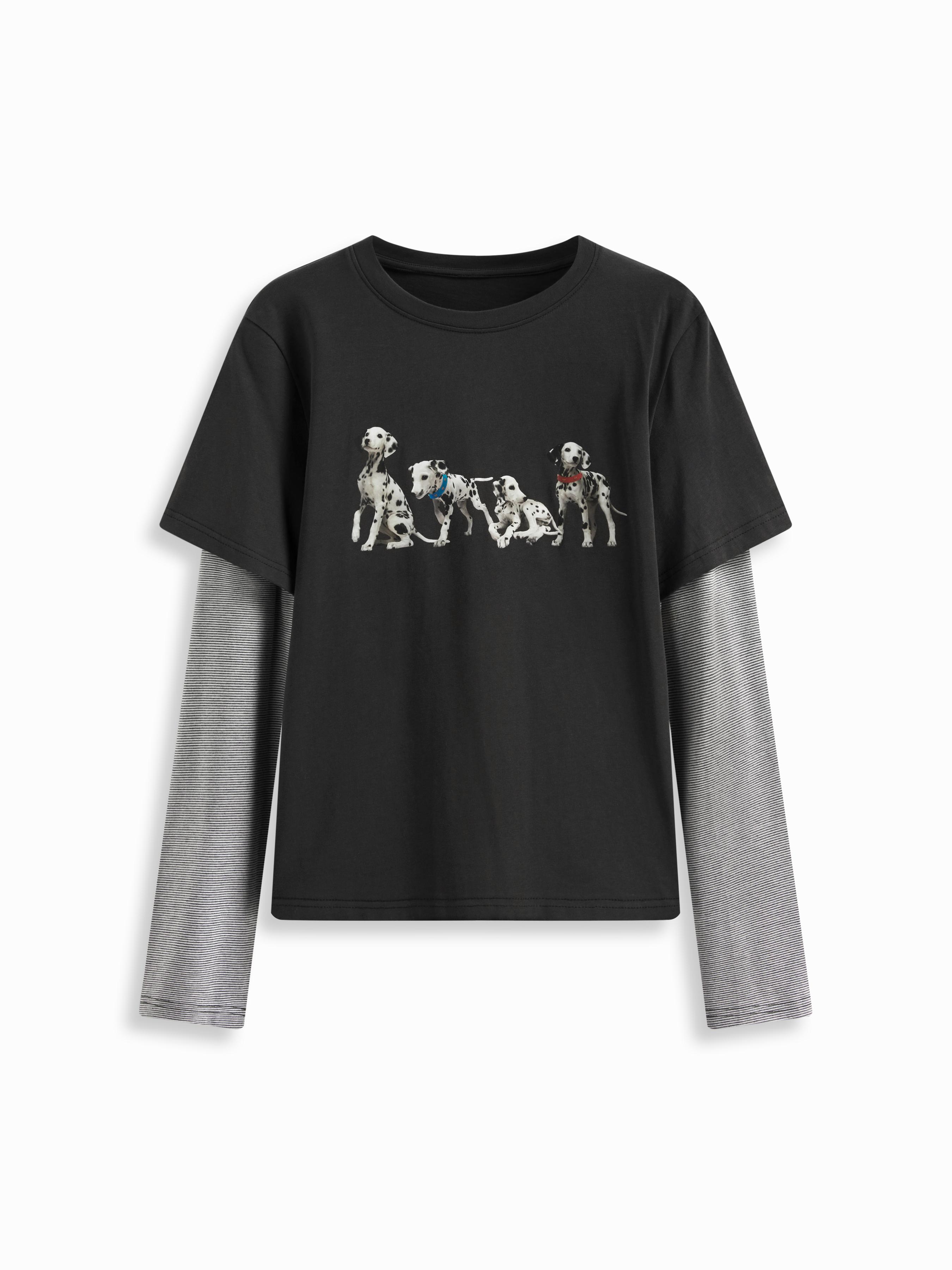 Dog Graphic Striped Long Sleeve Two Tone Oversized Tee by CIDER