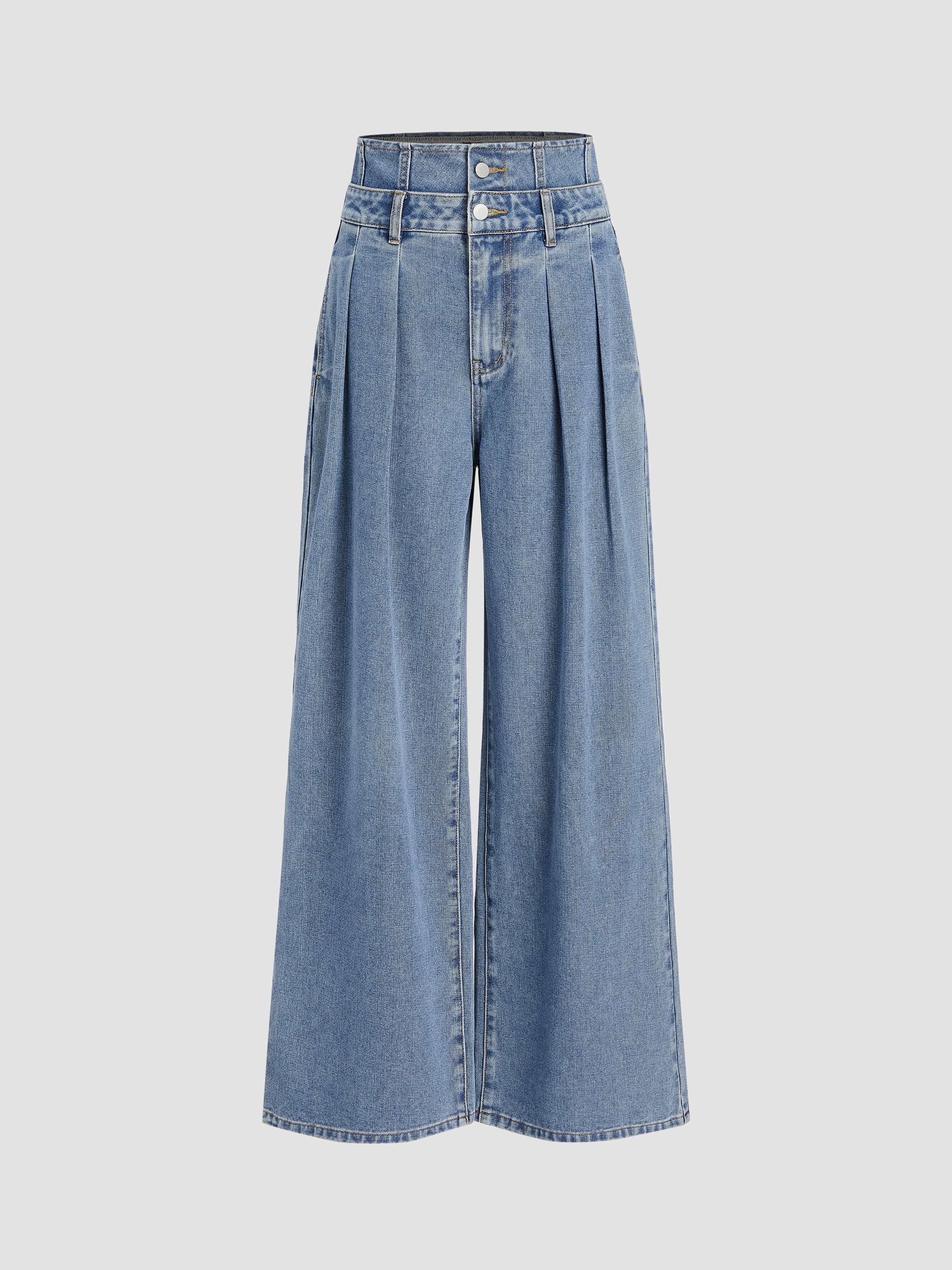 Double High Rise Solid Button Wide Leg Jeans by CIDER