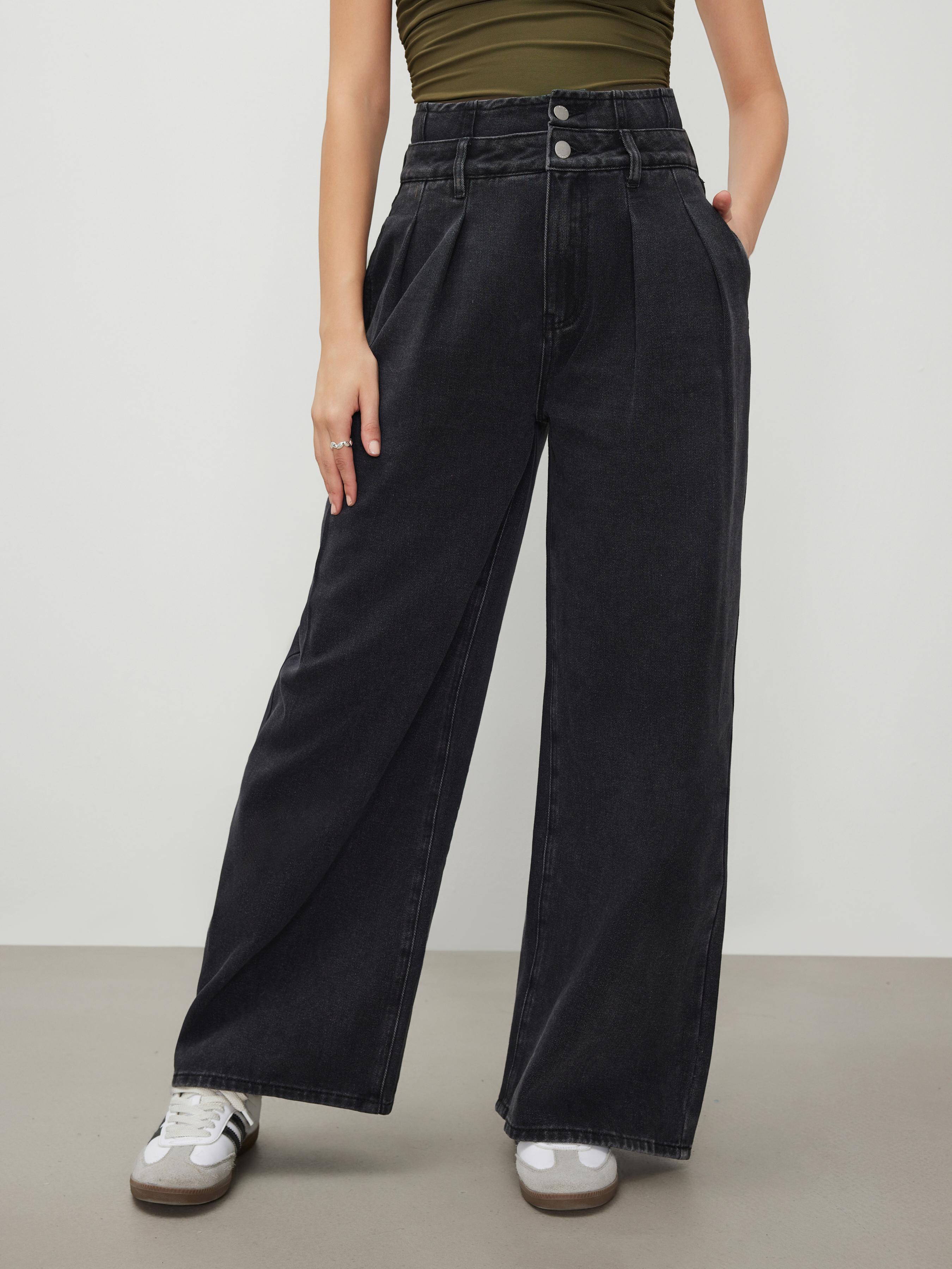 Double High Rise Solid Button Wide Leg Jeans by CIDER