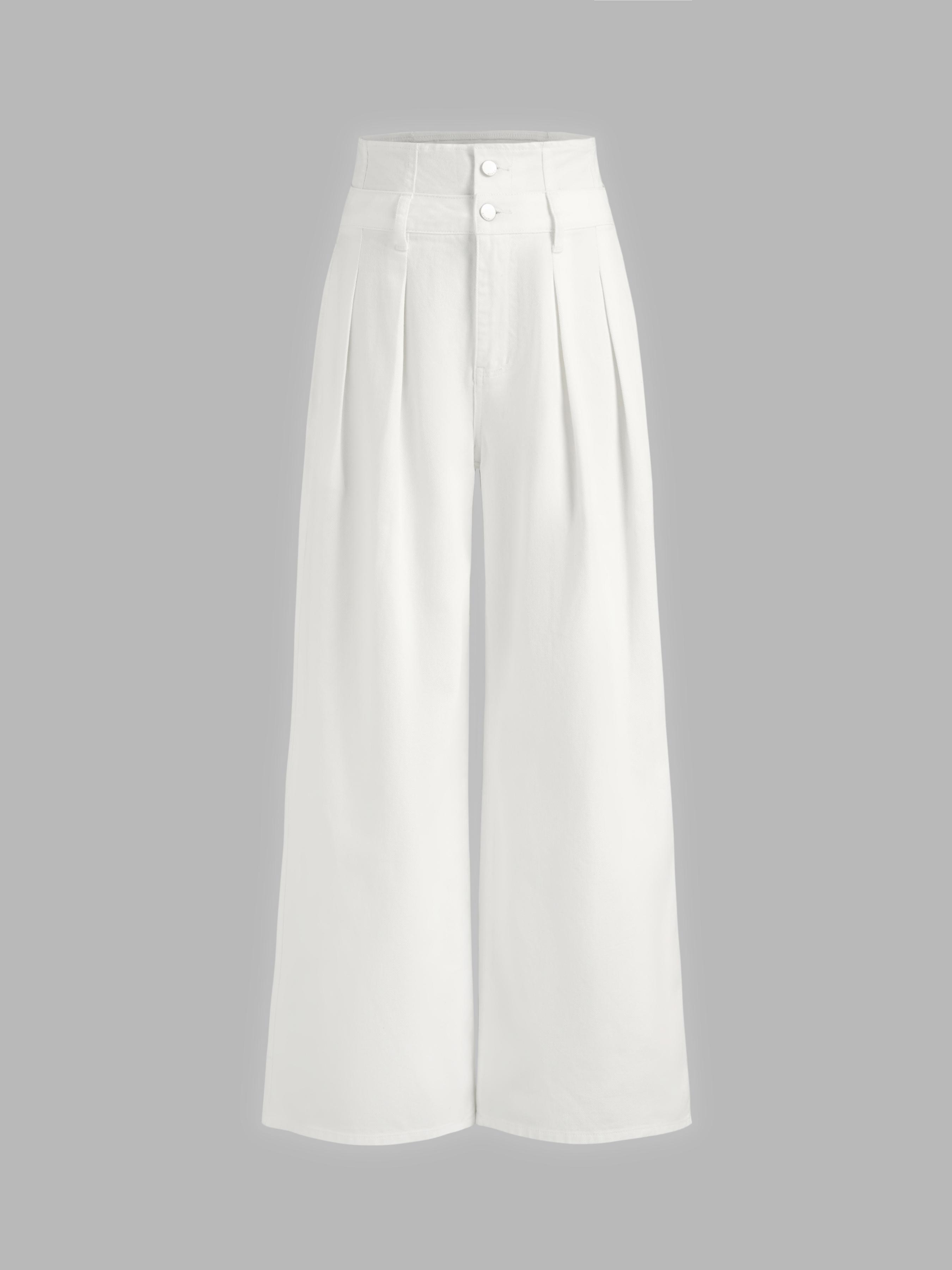 Double High Rise Solid Button Wide Leg Jeans by CIDER