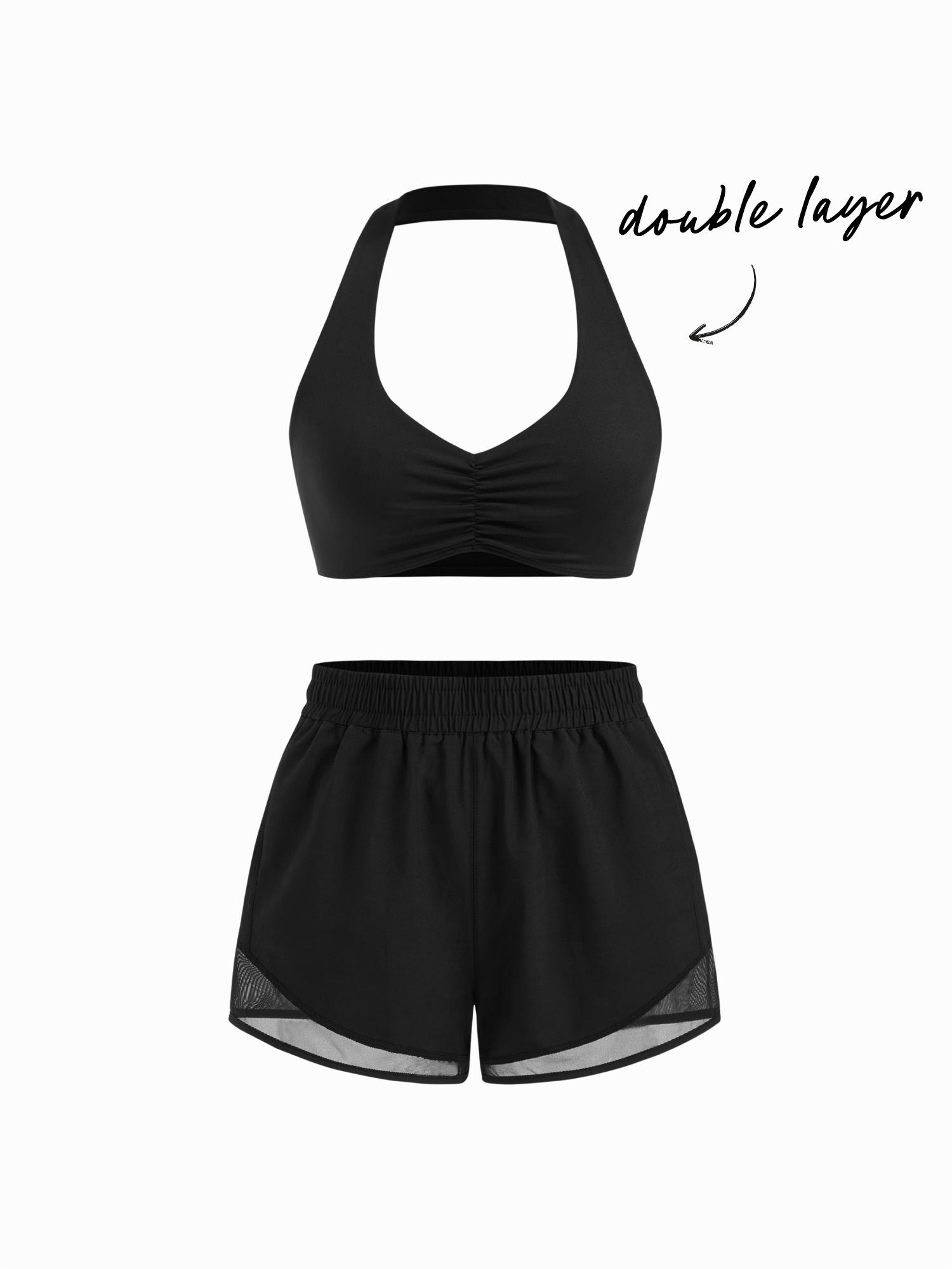 Double Layered Halter Neck Bra & Elastic Waist Shorts Active Set by CIDER
