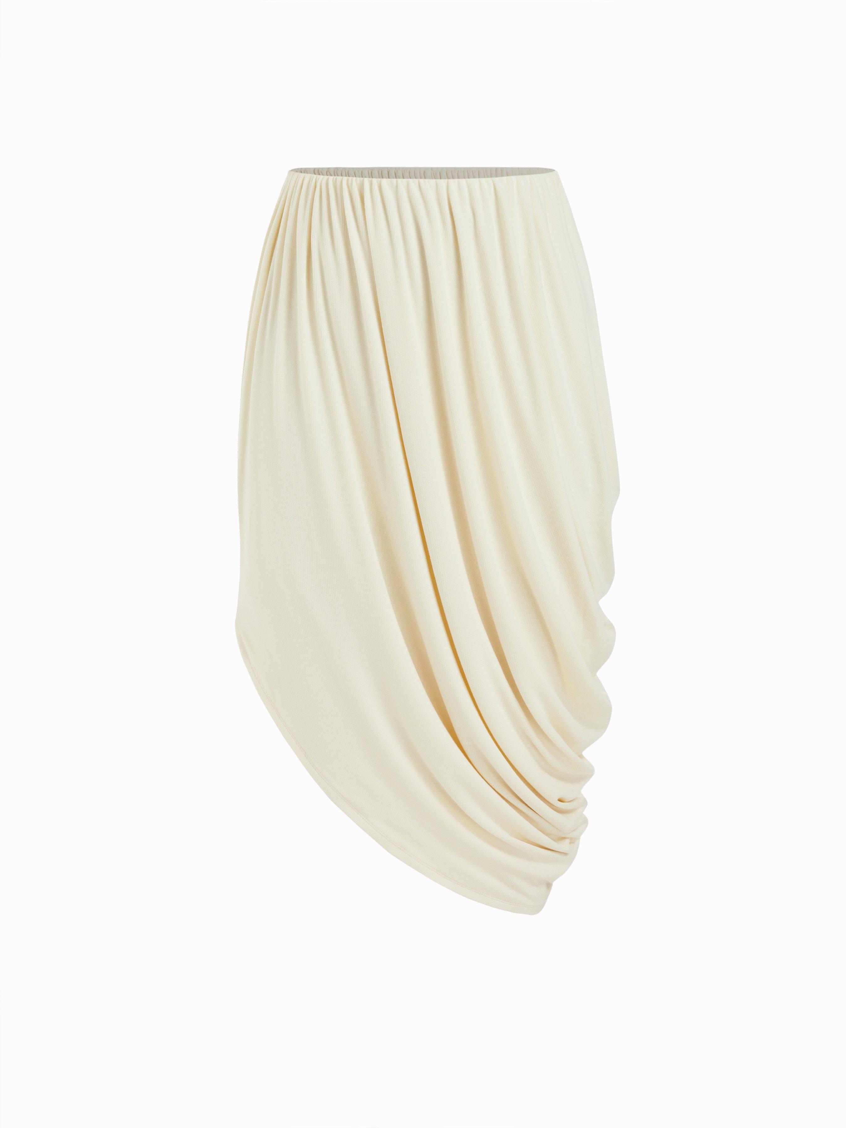 Draped Asymmetrical Bubble Hem Low Rise Midi Skirt by CIDER
