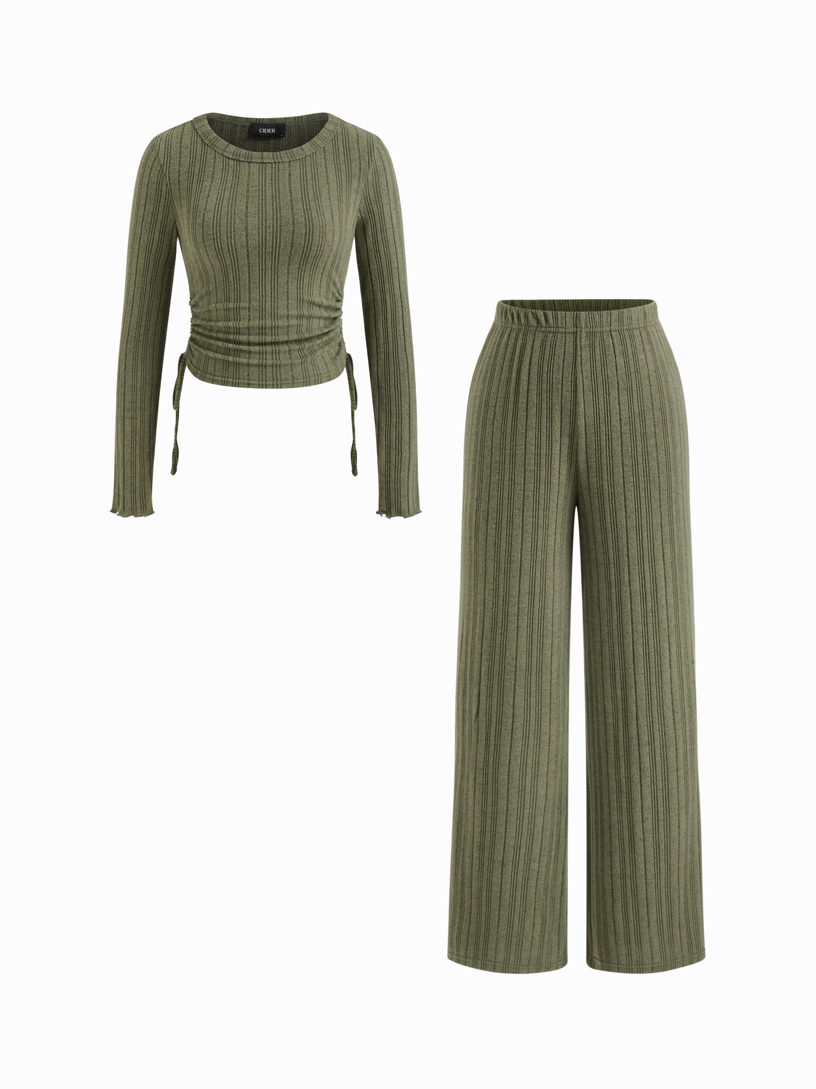 Drawstring Ruched Crop Top & High Rise Straight Leg Trousers Set by CIDER