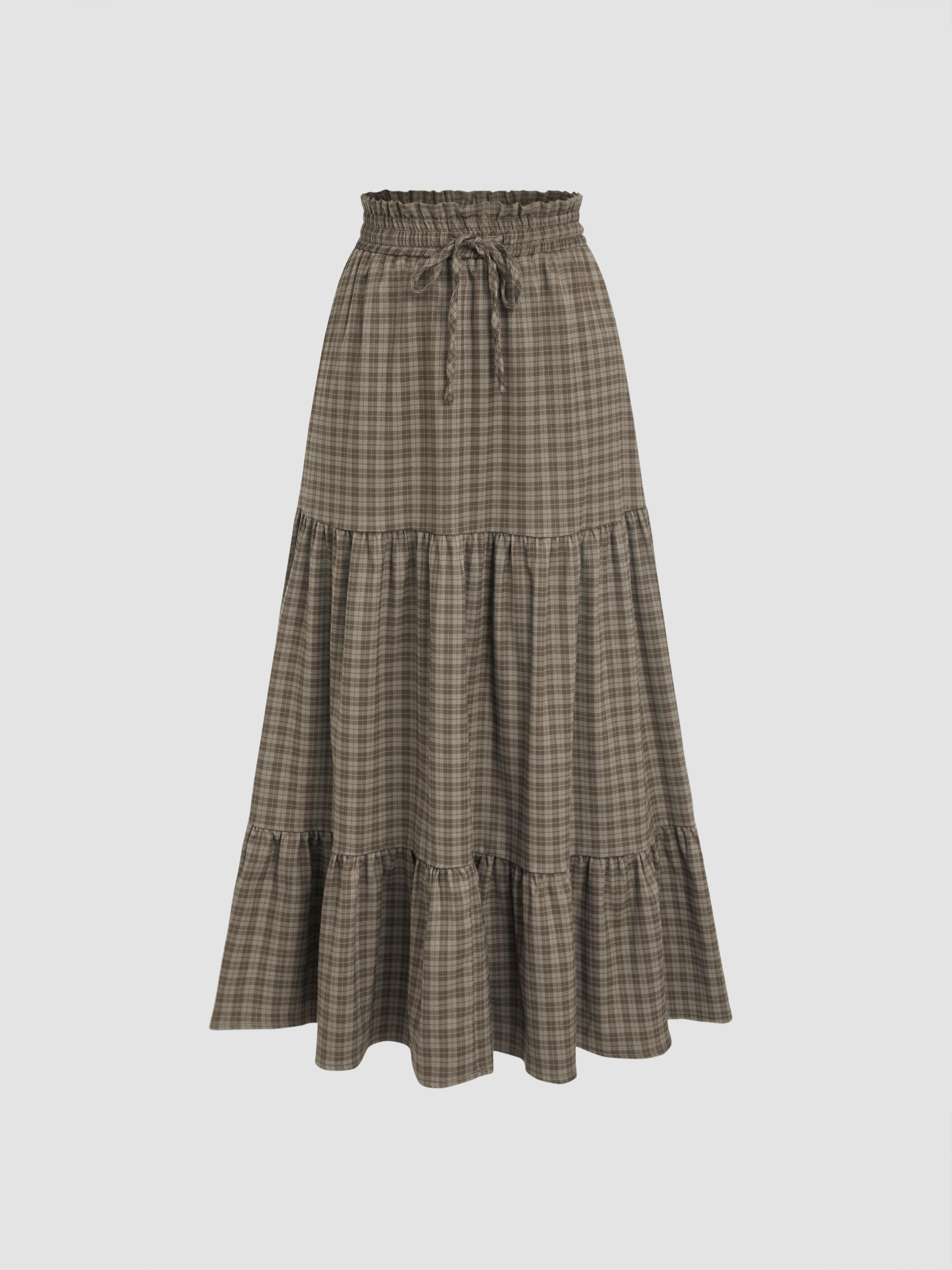 Elastic Waist Check Knotted Tiered Maxi Skirt by CIDER