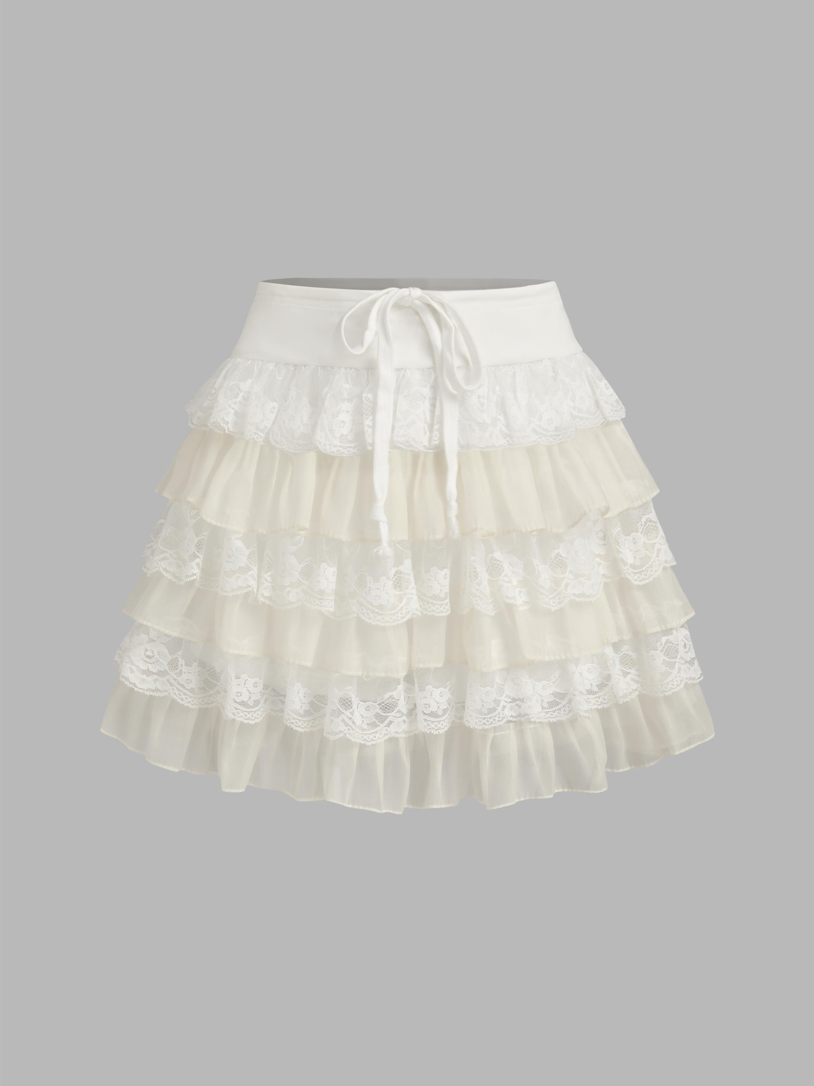 Elastic Waist Knotted Lace Layered Mini Skirt by CIDER