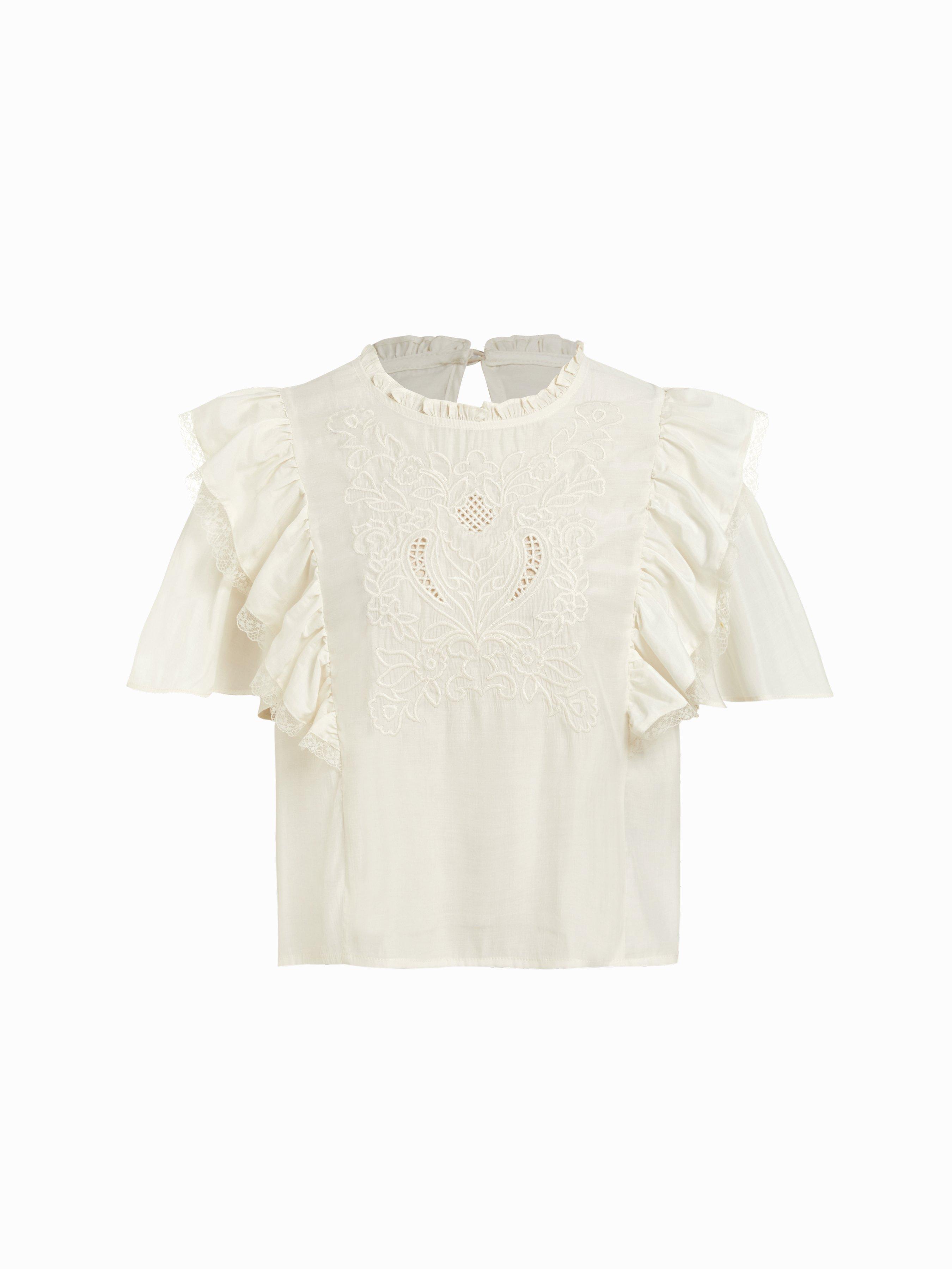 Embroidery Floral Ruffled Short Sleeve Oversized Blouse by CIDER