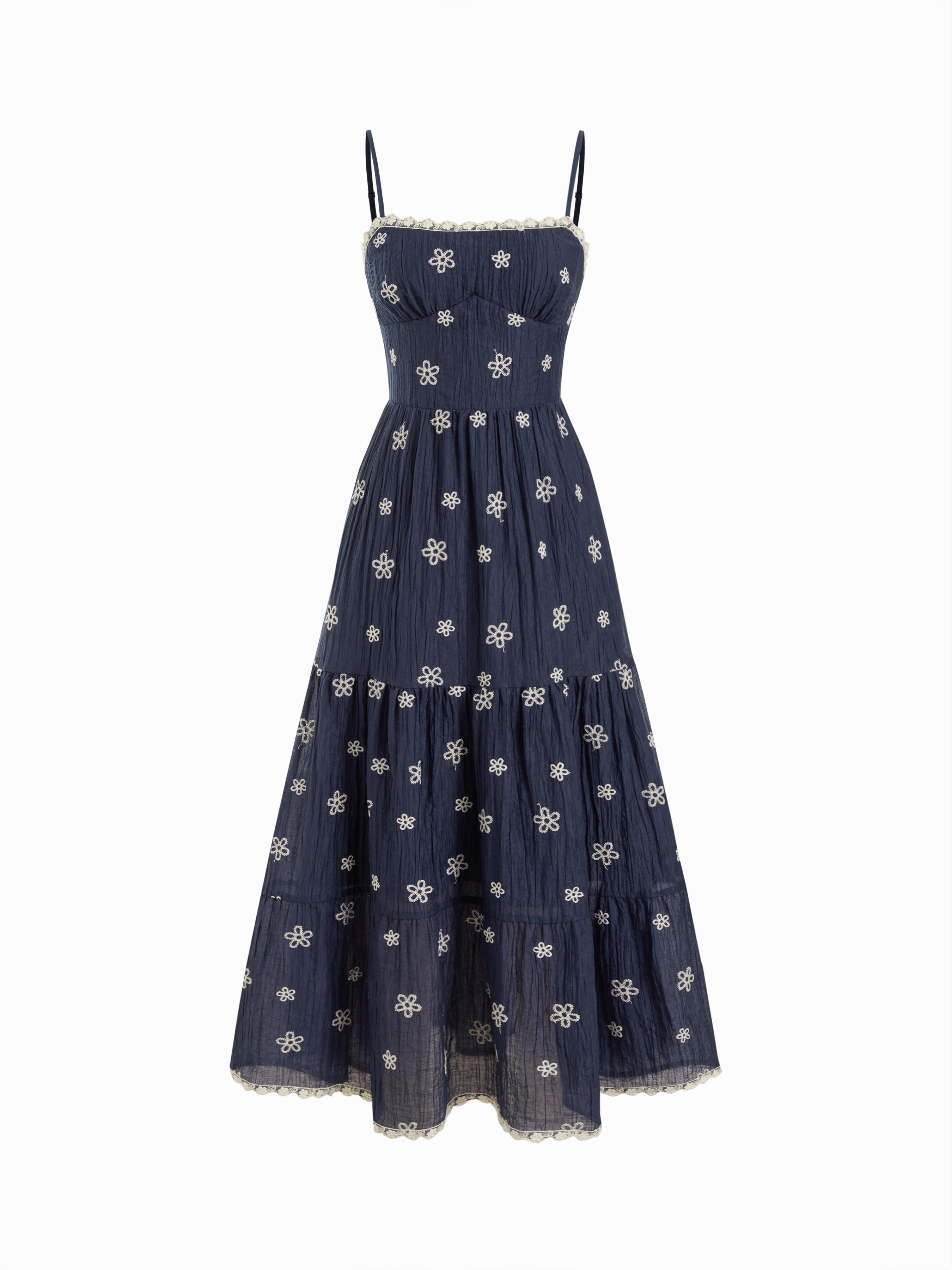 Embroidery Floral Tiered Lace Trim Flared Maxi Dress by CIDER