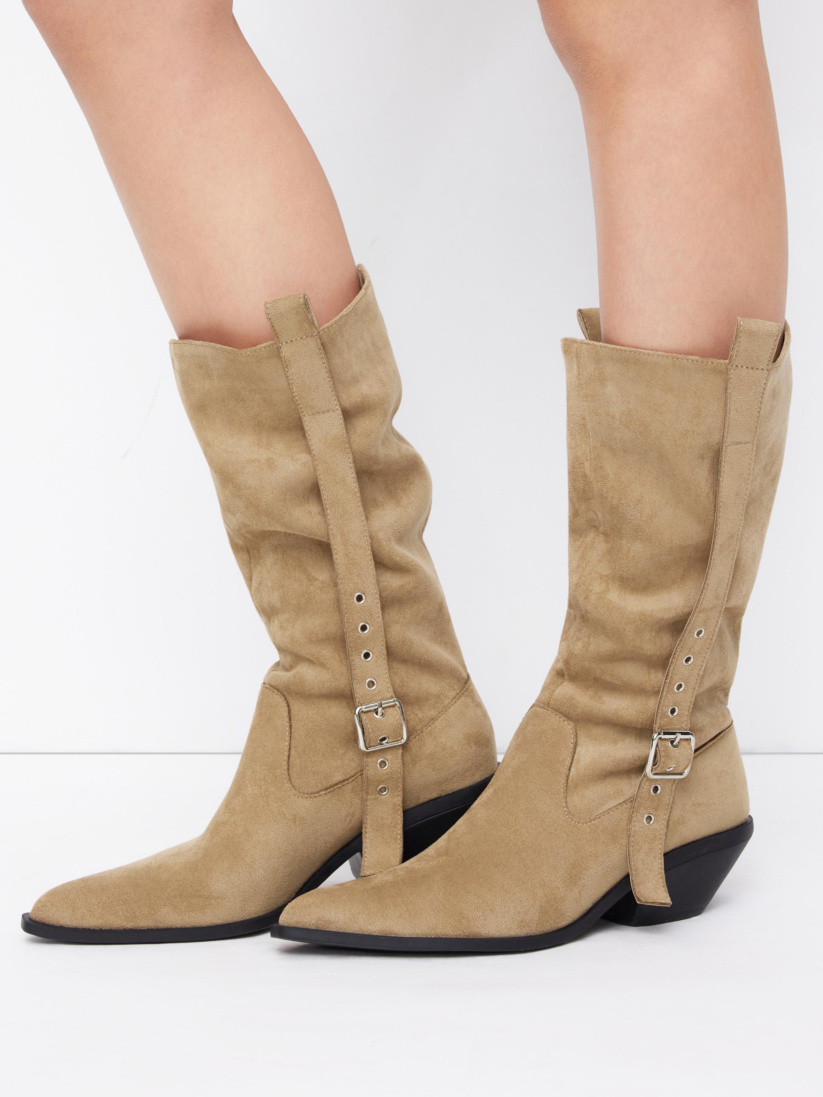 FAUX SUEDE BUCKLE POINTED TOE BOOTS by CIDER