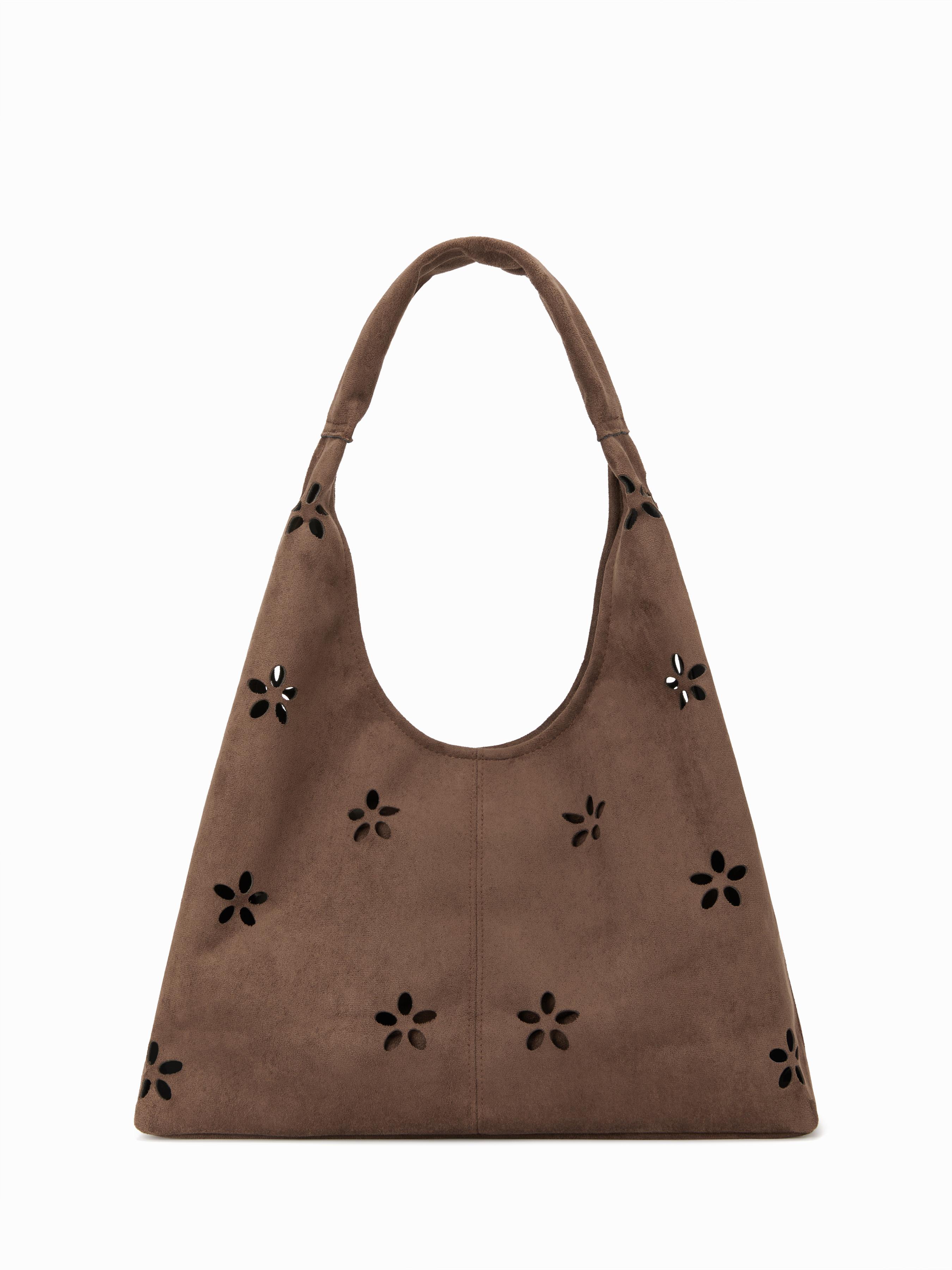 FAUX SUEDE CUT OUT DESIGN TOTE BAG WITH A POUCH by CIDER FAUX SUEDE CUT OUT DESIGN TOTE BAG WITH A POUCH by CIDER