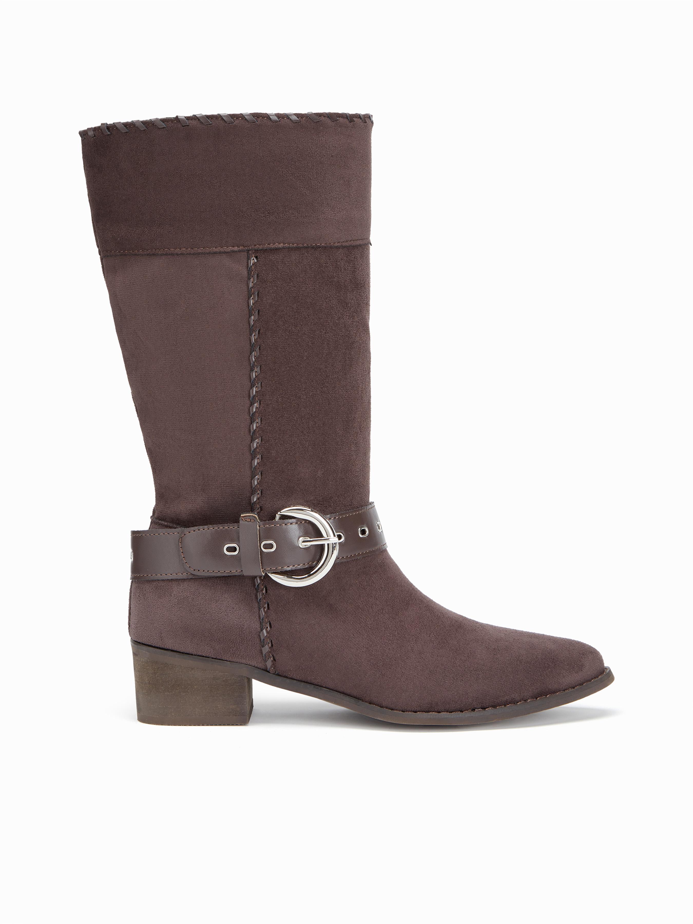 FAUX SUEDE POINTED TOE CHUNKY HEELED BELTED BOOTS by CIDER