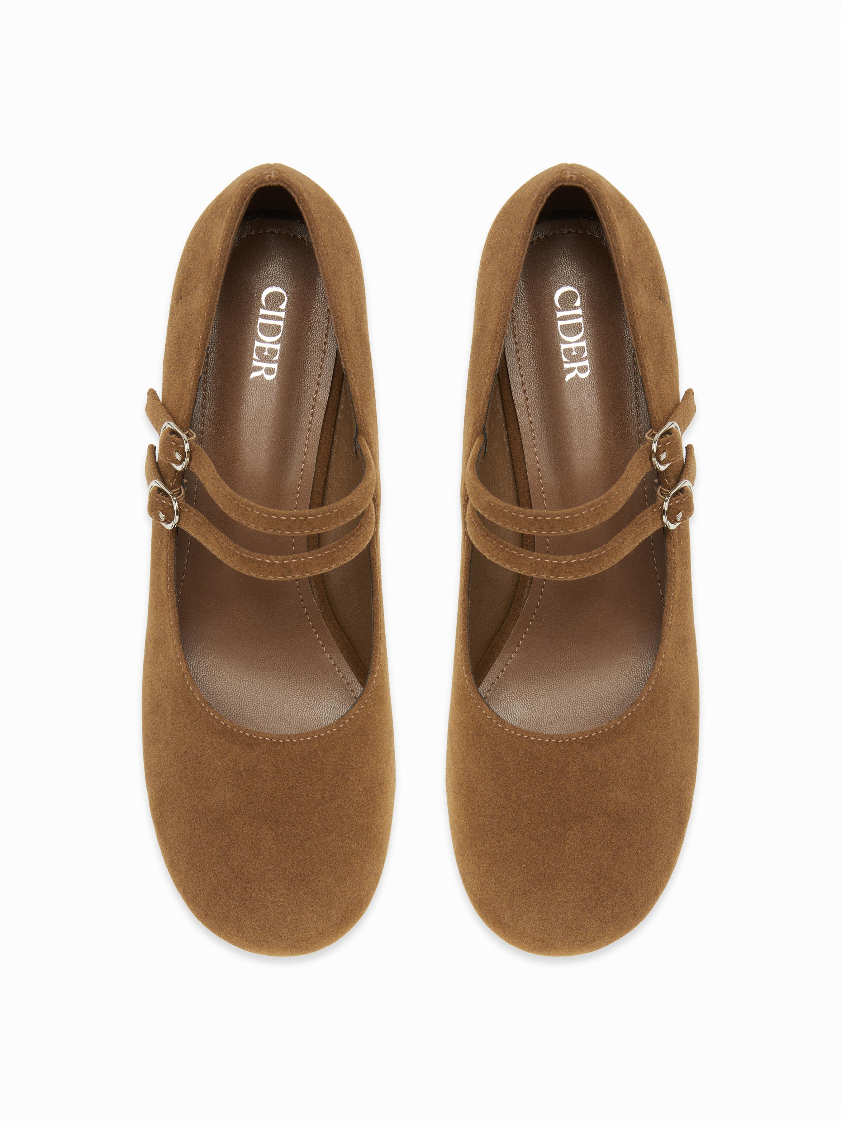 FAUX SUEDE ROUND TOE CHUNKY HEEL MARY JANES by CIDER