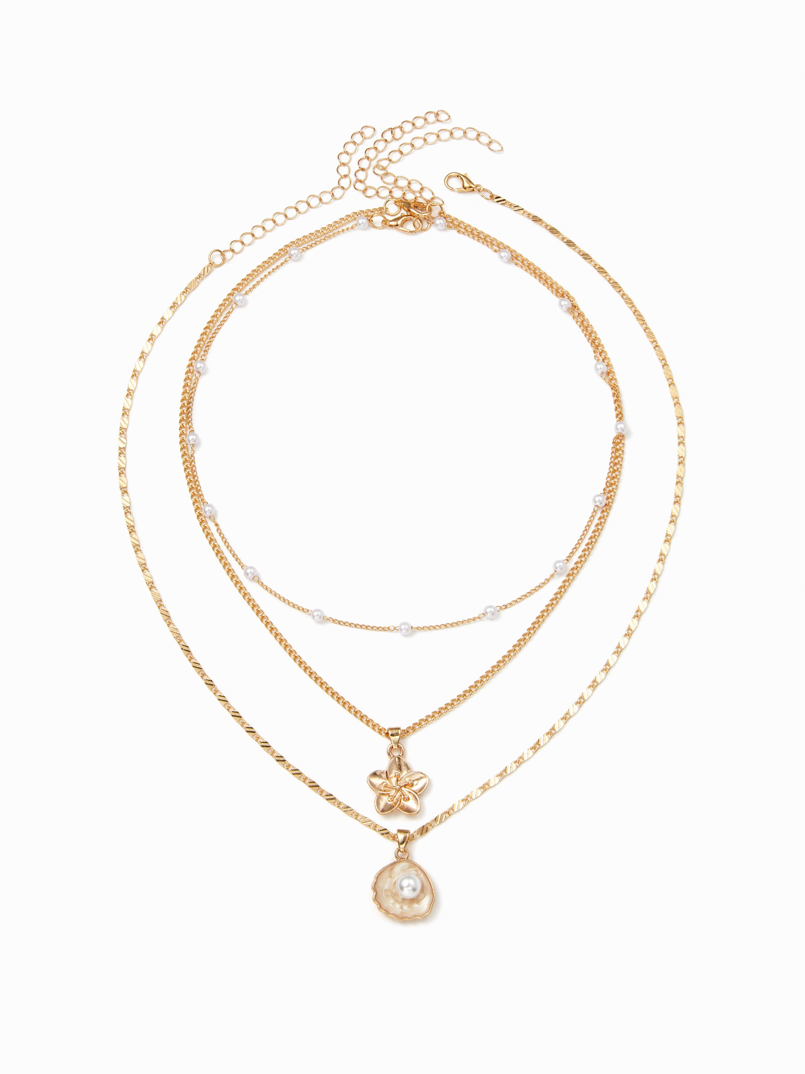 FLORAL & SHELL & FAUX PEARL LAYERED NECKLACE by CIDER