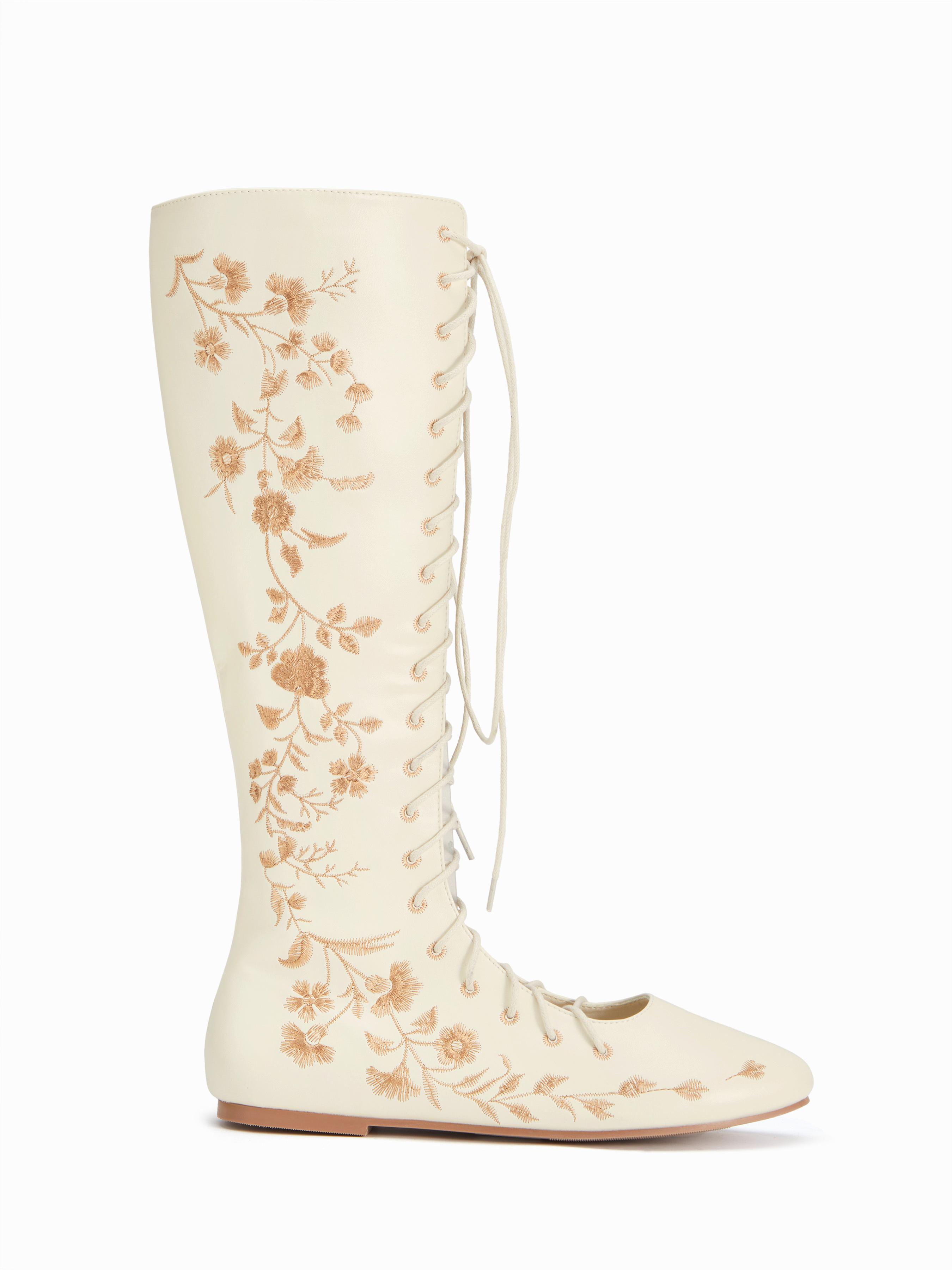 FLOWER EMBROIDERED LACE-UP KNEE HIGH BOOTS by CIDER