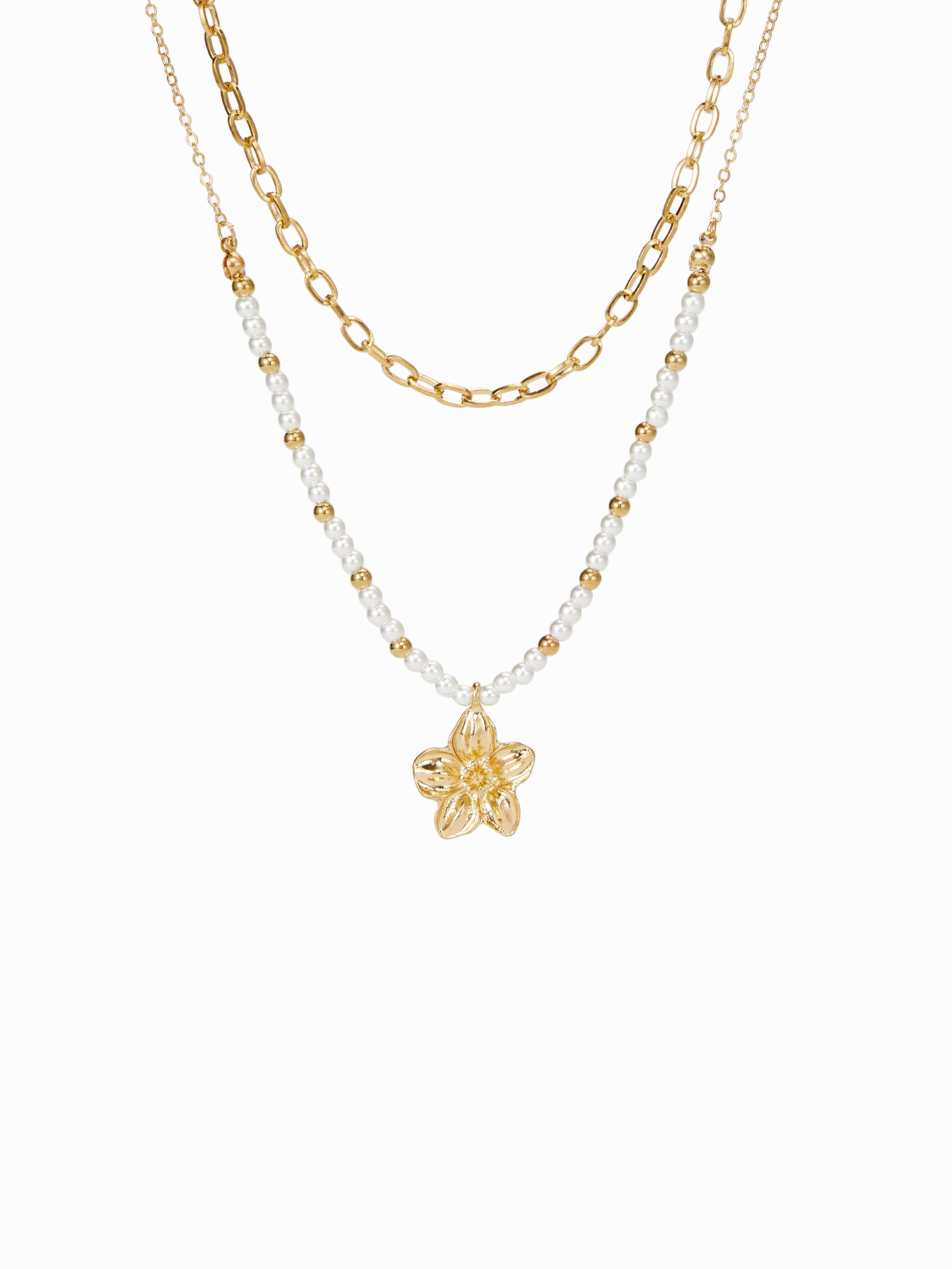 FLOWER & FAUX PEARL BEADED LAYERED NECKLACE by CIDER