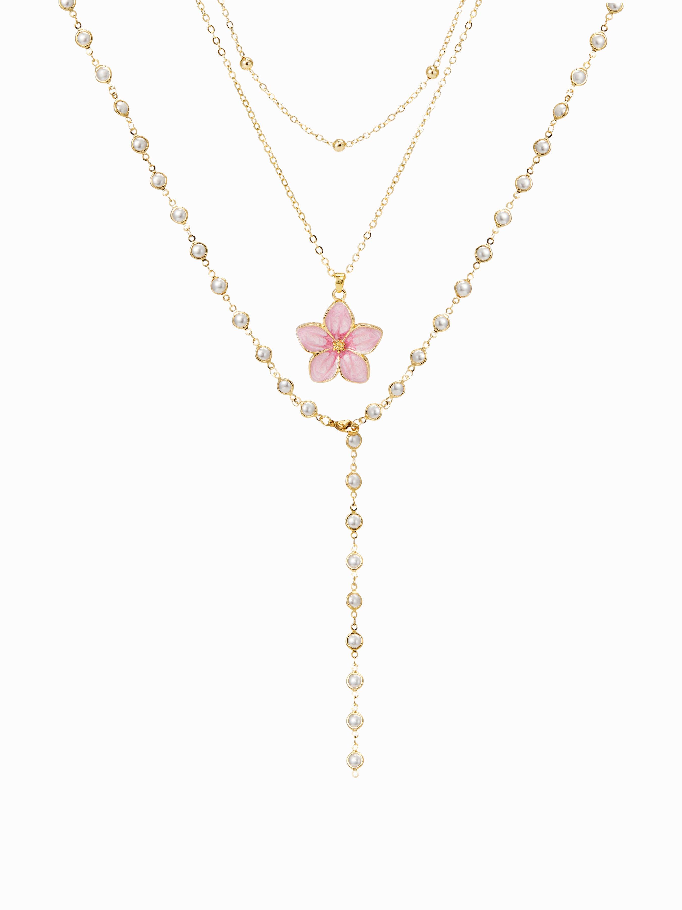 FLOWER & FAUX PEARL LAYERED NECKLACE by CIDER