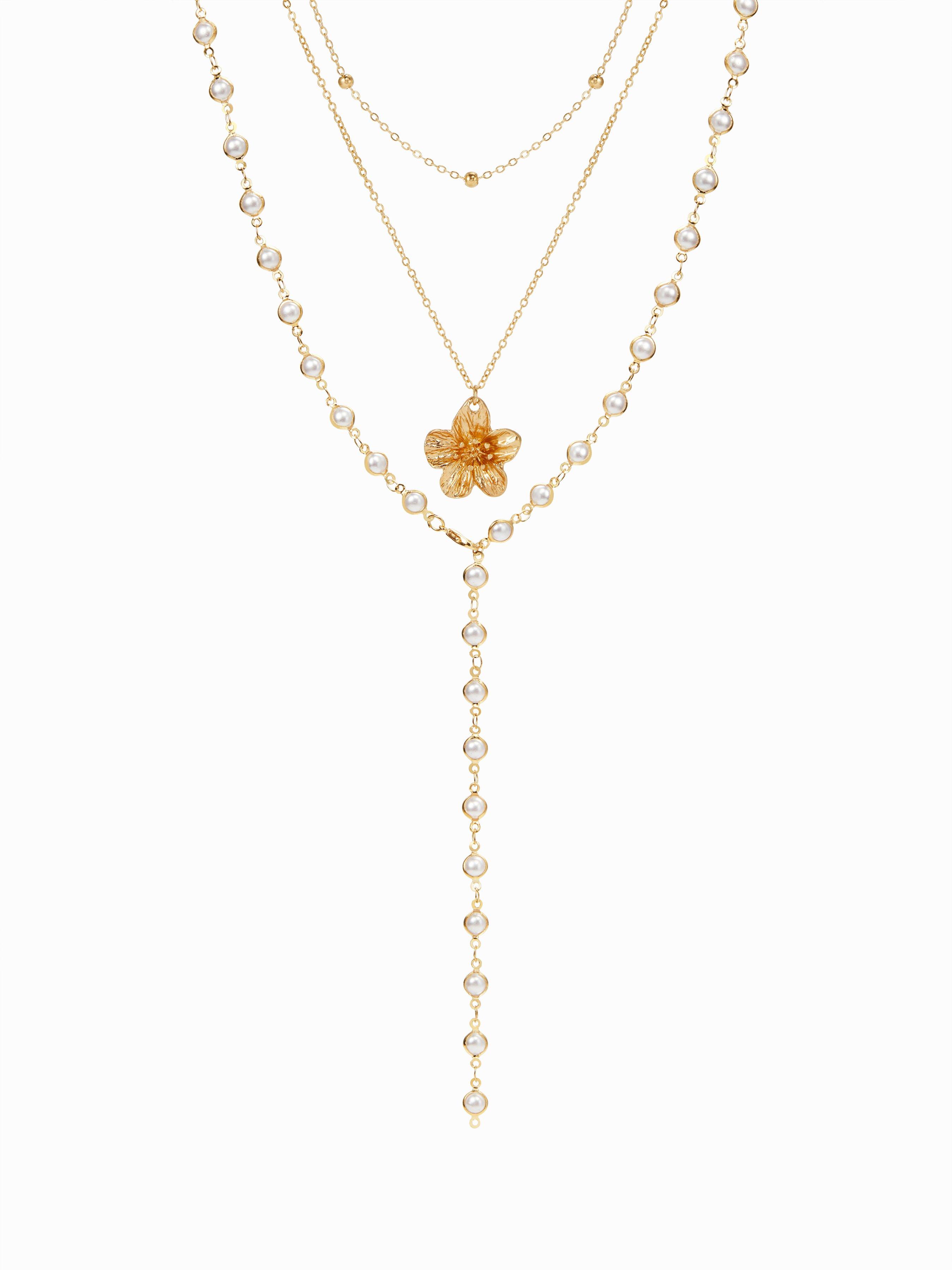FLOWER & FAUX PEARL LAYERED NECKLACE by CIDER