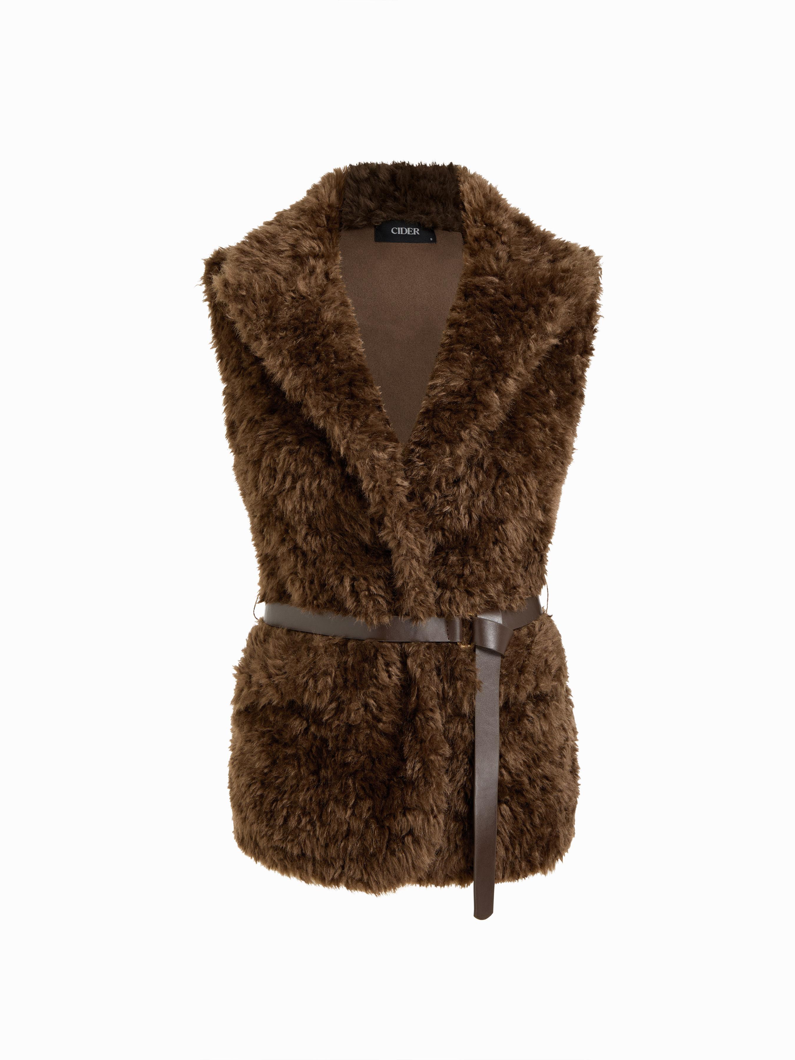 Faux Fur Collar Jacket Vest With Belt by CIDER