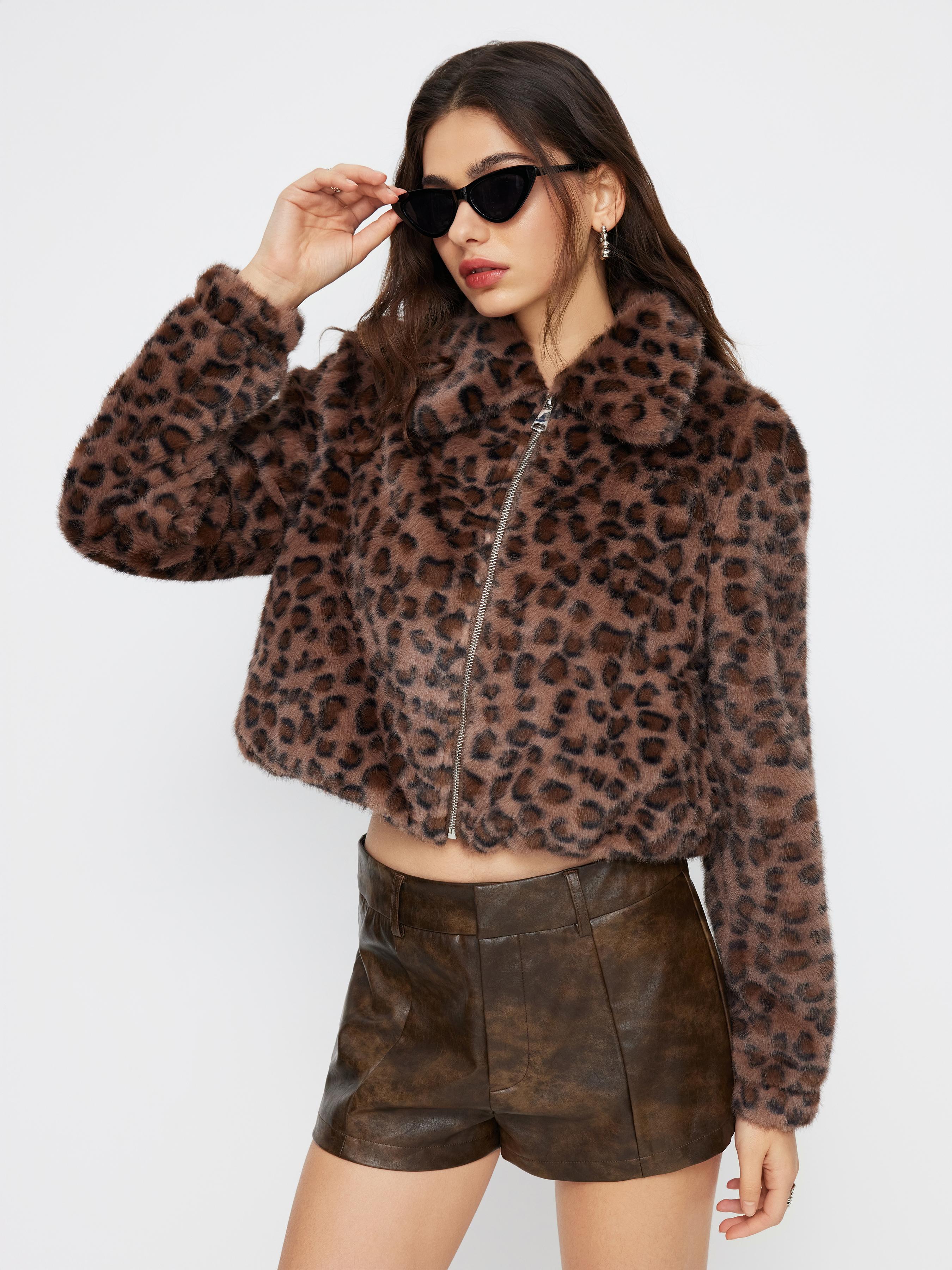 Faux Fur Collar Leopard Zip Through Oversized Crop Jacket by CIDER