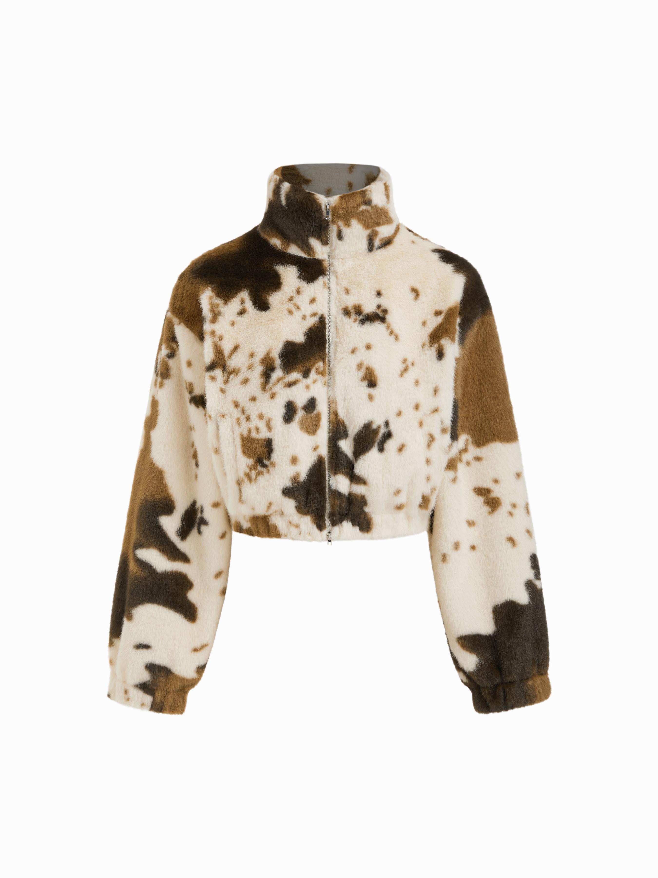 Faux Fur Deer Print High Neck Zip Through Jacket by CIDER