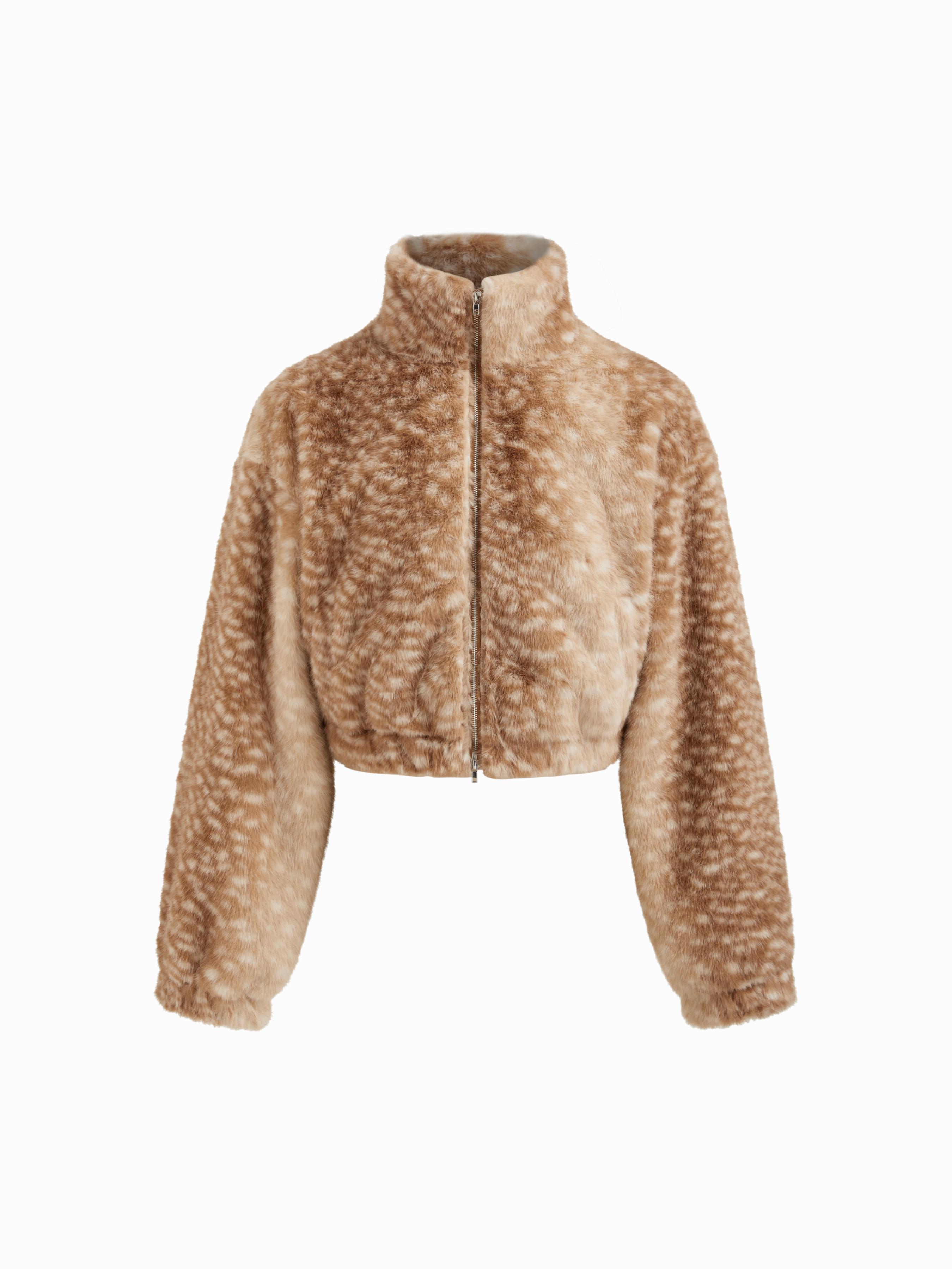 Faux Fur Deer Print High Neck Zip Through Jacket by CIDER