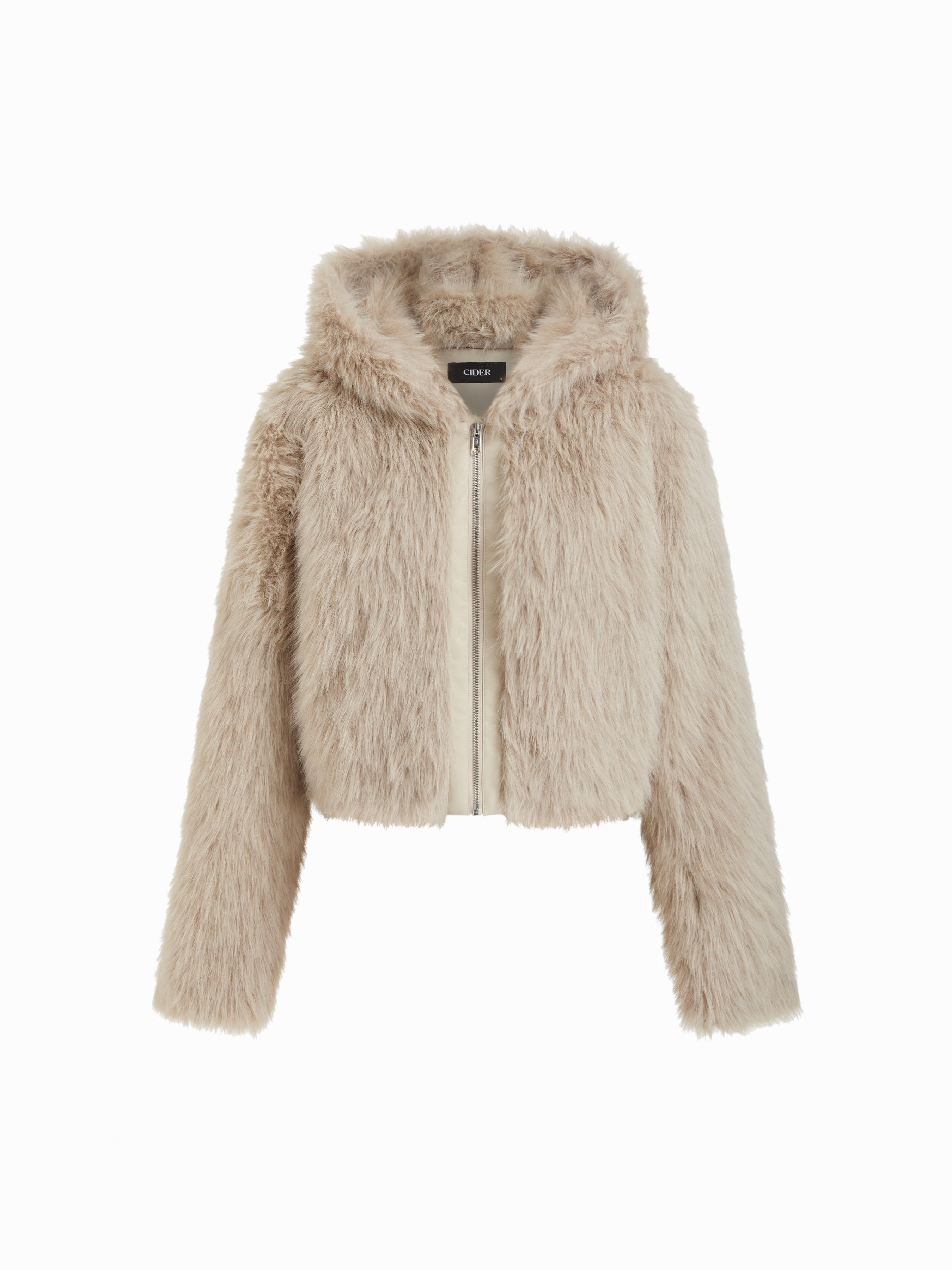 Faux Fur Hooded Zip Through Long Sleeve Jacket by CIDER