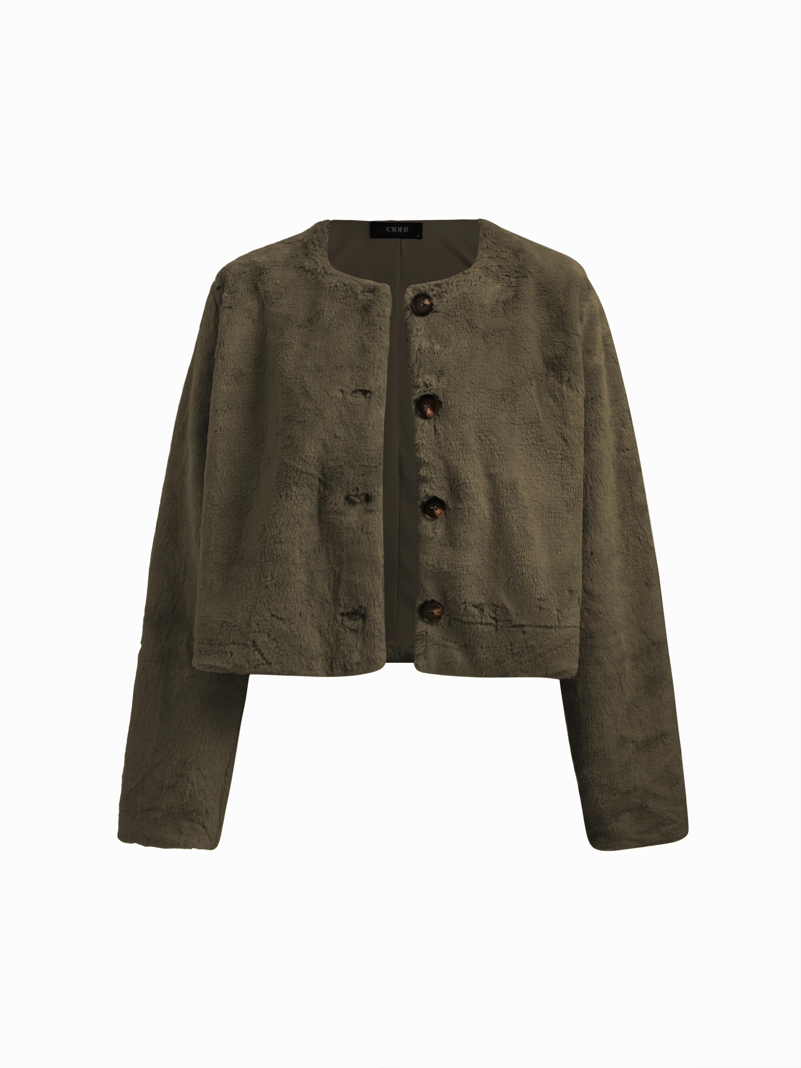 Faux Fur Round Neckline Long Sleeve Oversized Crop Jacket by CIDER