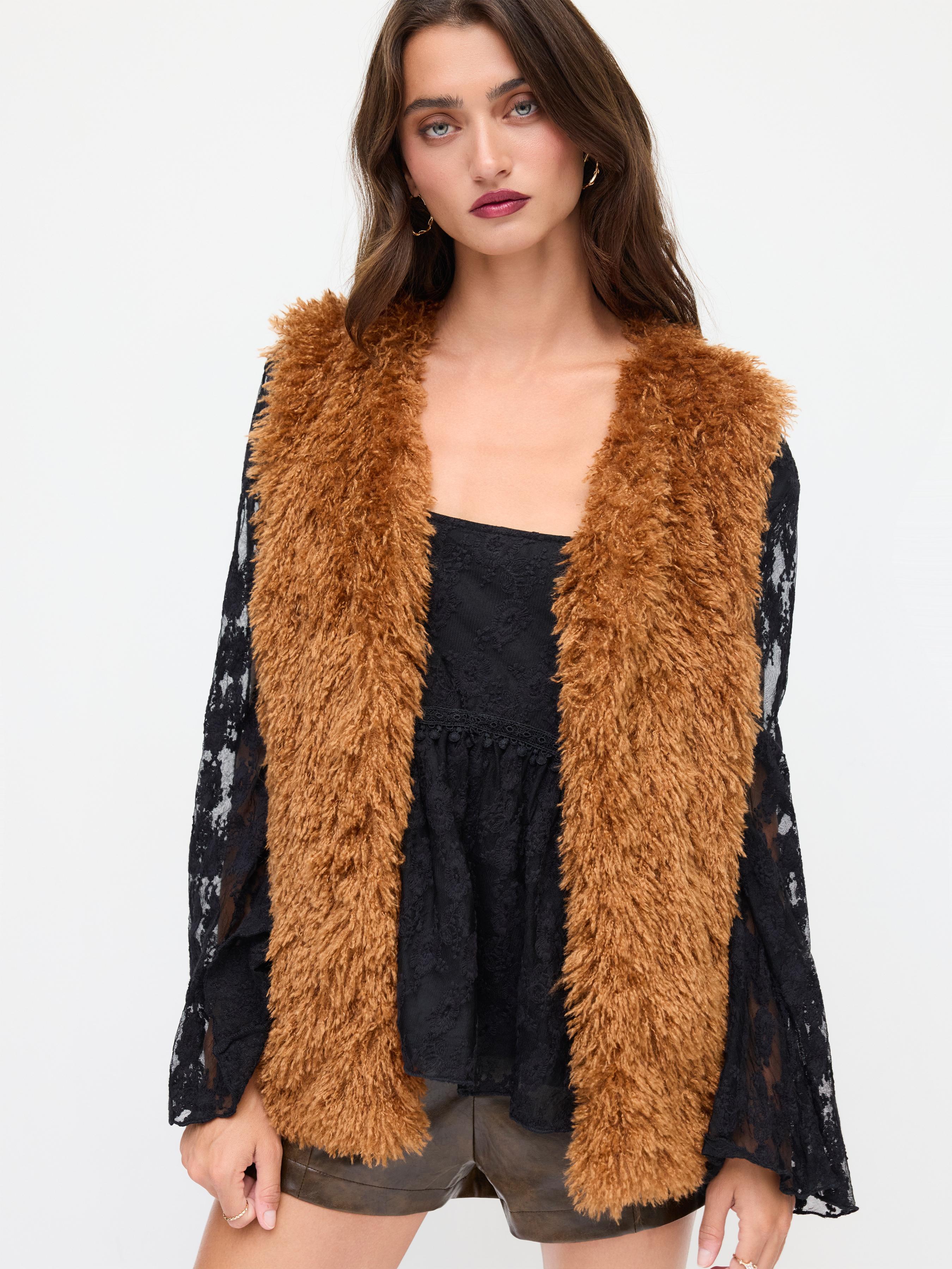 Faux Fur V-neck Solid Jacket Vest by CIDER