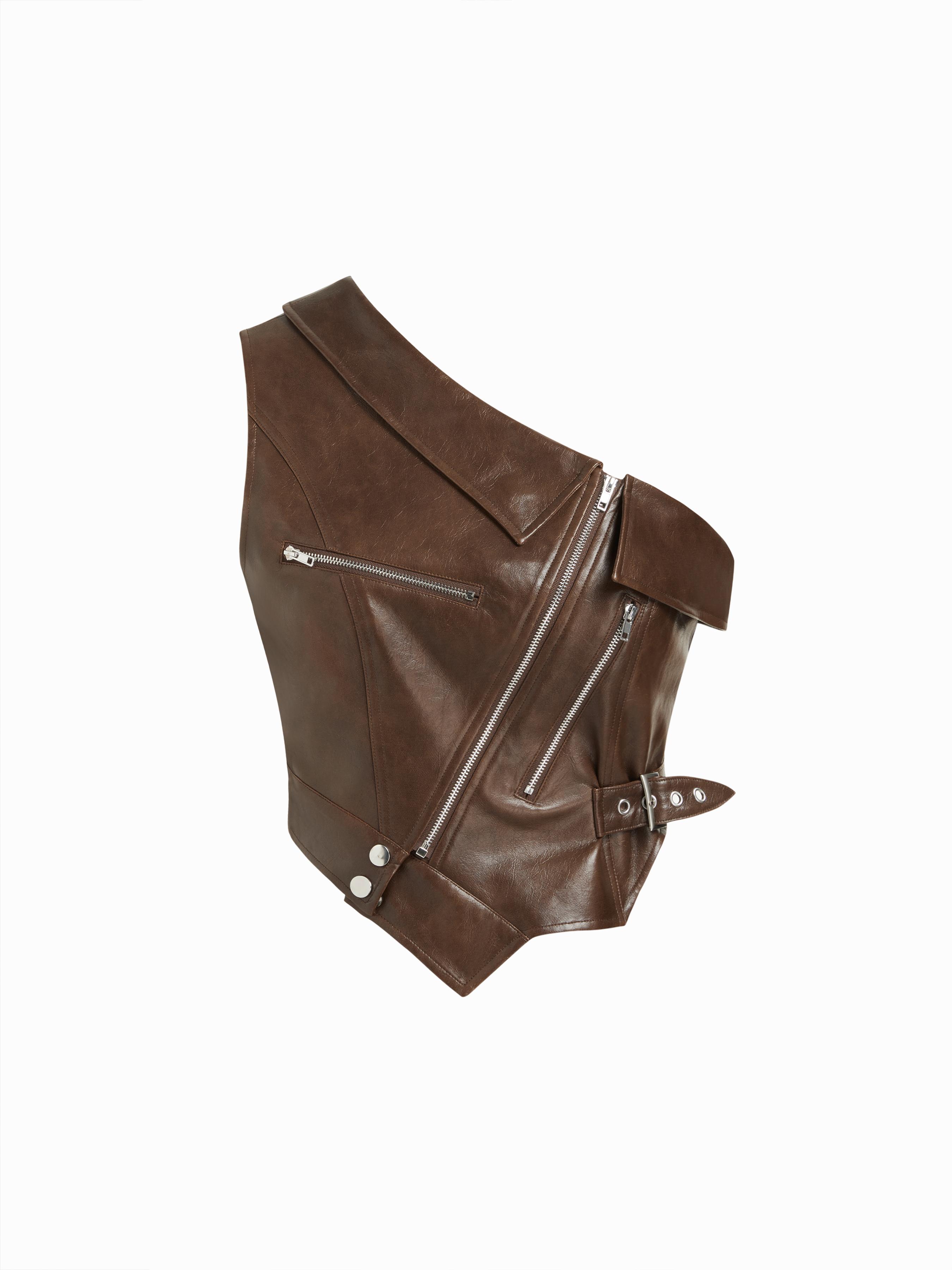 Faux Leather Asymmetrical Neck Metal Detail Zip Through Tank Top by CIDER